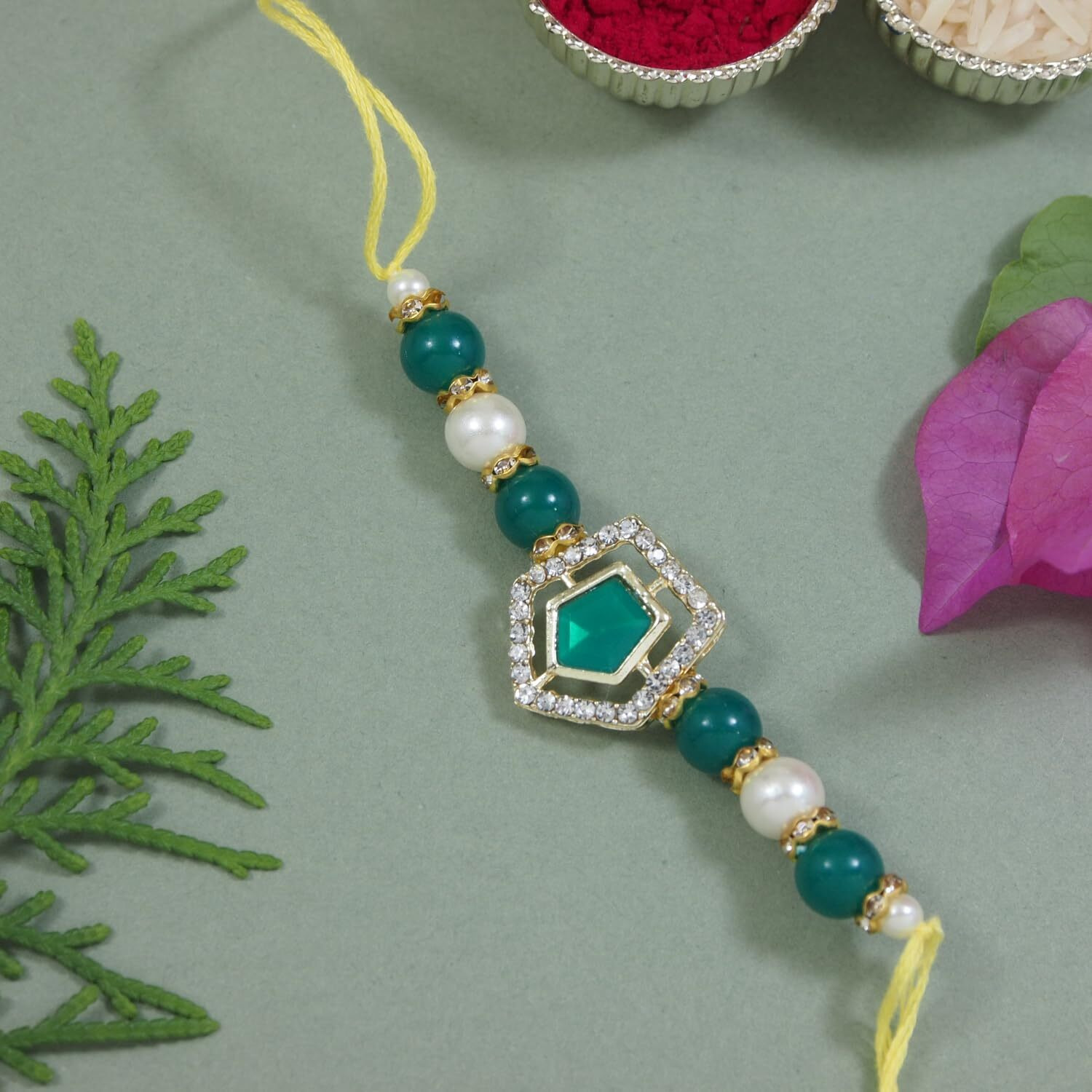 I Jewels Designer Kundan & Pearl Rakhi With Roli Chawal & Rakshabandhan Card For Brother/Bro/Men (R119G)