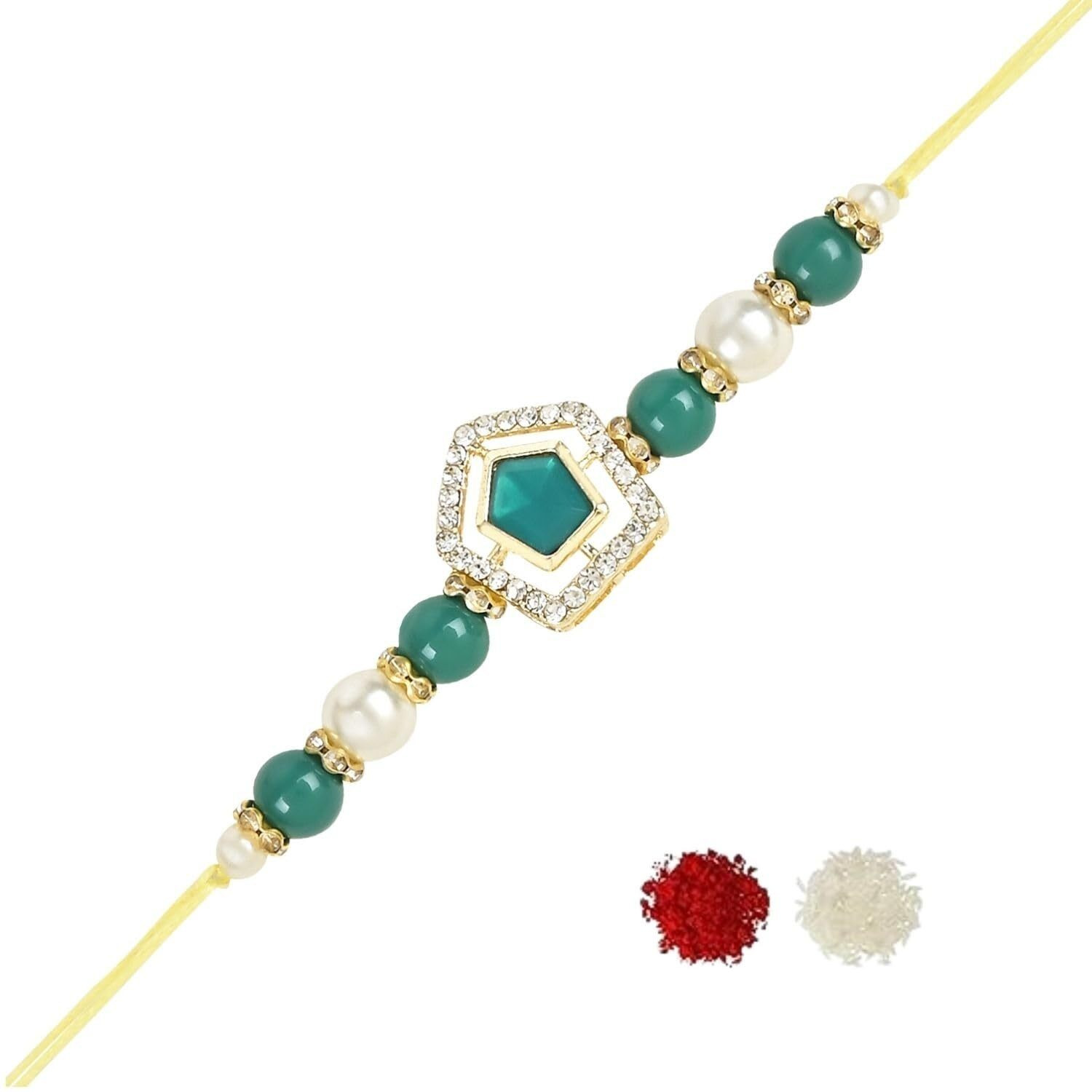 I Jewels Designer Kundan & Pearl Rakhi With Roli Chawal & Rakshabandhan Card For Brother/Bro/Men (R119G)