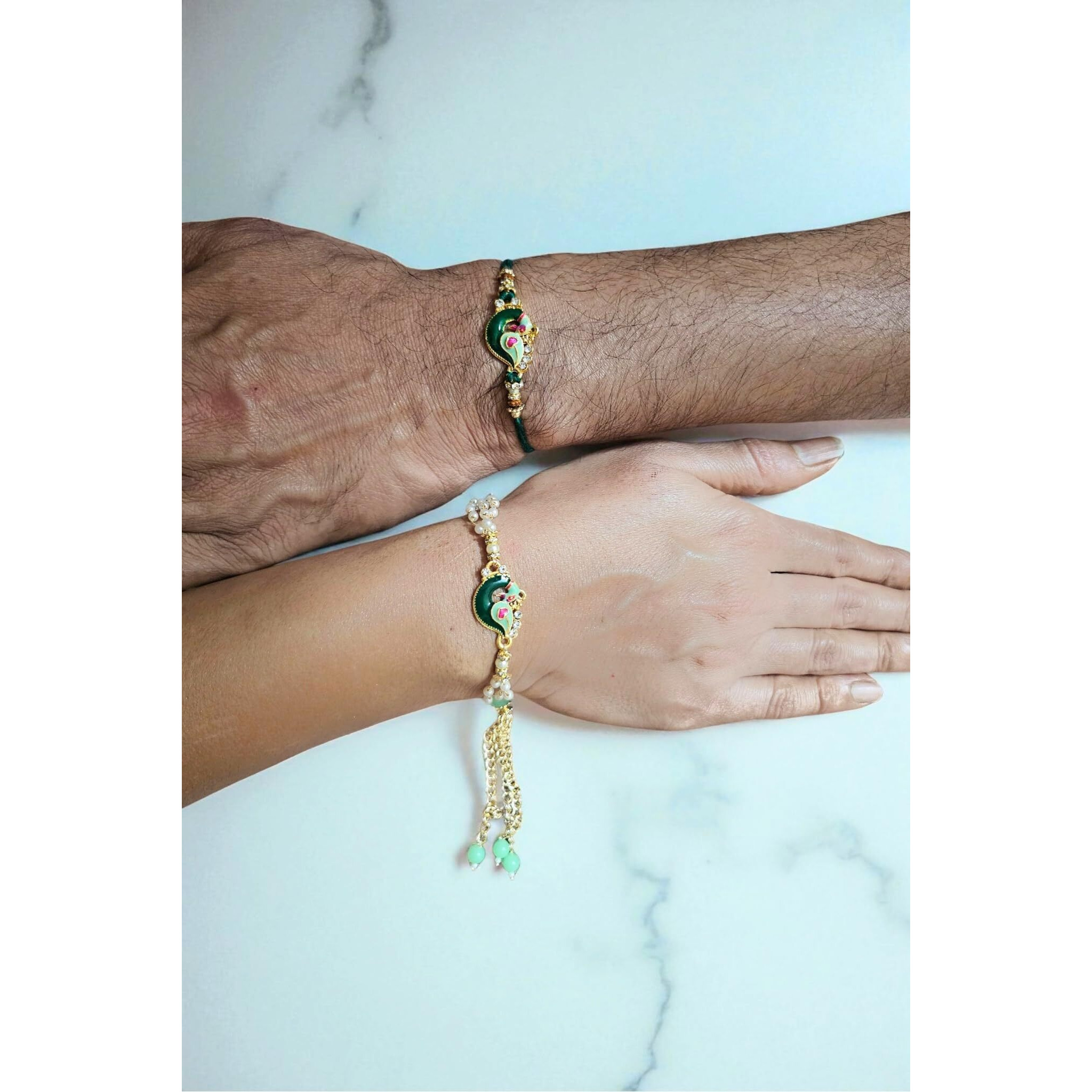 Mahi Carrot Pink Crystals Floral Lumba And Brother Rakhi Set For Bhaiya And Bhabhi (Parcol1105675Pr) (Green, White)