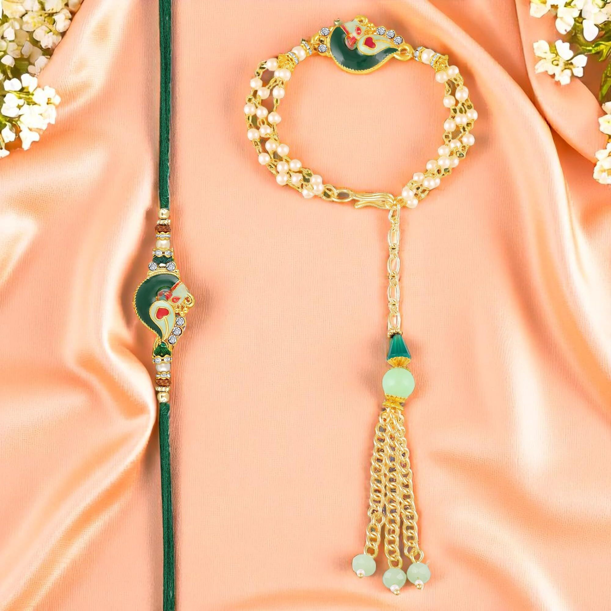 Mahi Carrot Pink Crystals Floral Lumba And Brother Rakhi Set For Bhaiya And Bhabhi (Parcol1105675Pr) (Green, White)