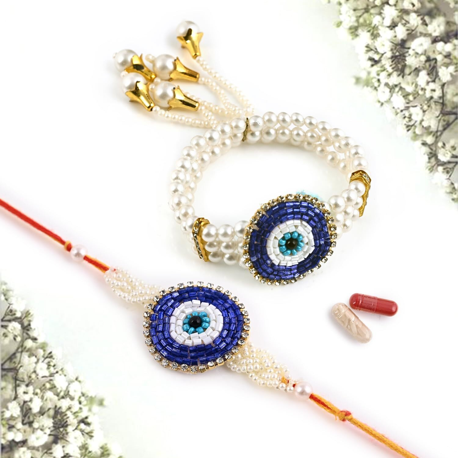 Chottey Lal And Sons Rakshabandhan Diamonds Pearls Floral Designer Bhaiya Bhabhi Couple Rakhi With Roli Chawal || Traditional Colorful Thread Lumba Rakhi For Bhabhi (Set Of 2)
