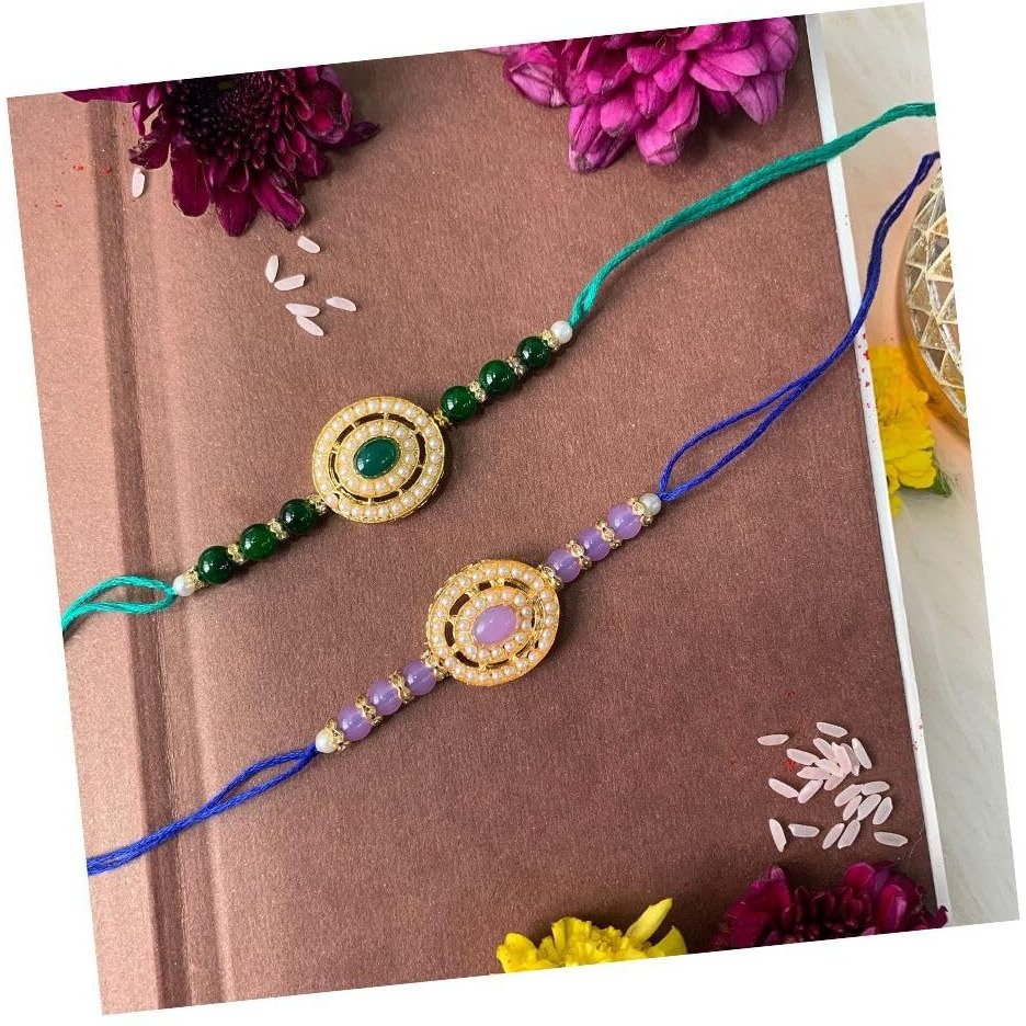I Jewels Pearl & Kundan Designer Bhaiya Rakhi With Roli Chawal For Brother/Bro/Men With Rakshabandhan Card (R096G-Pu)