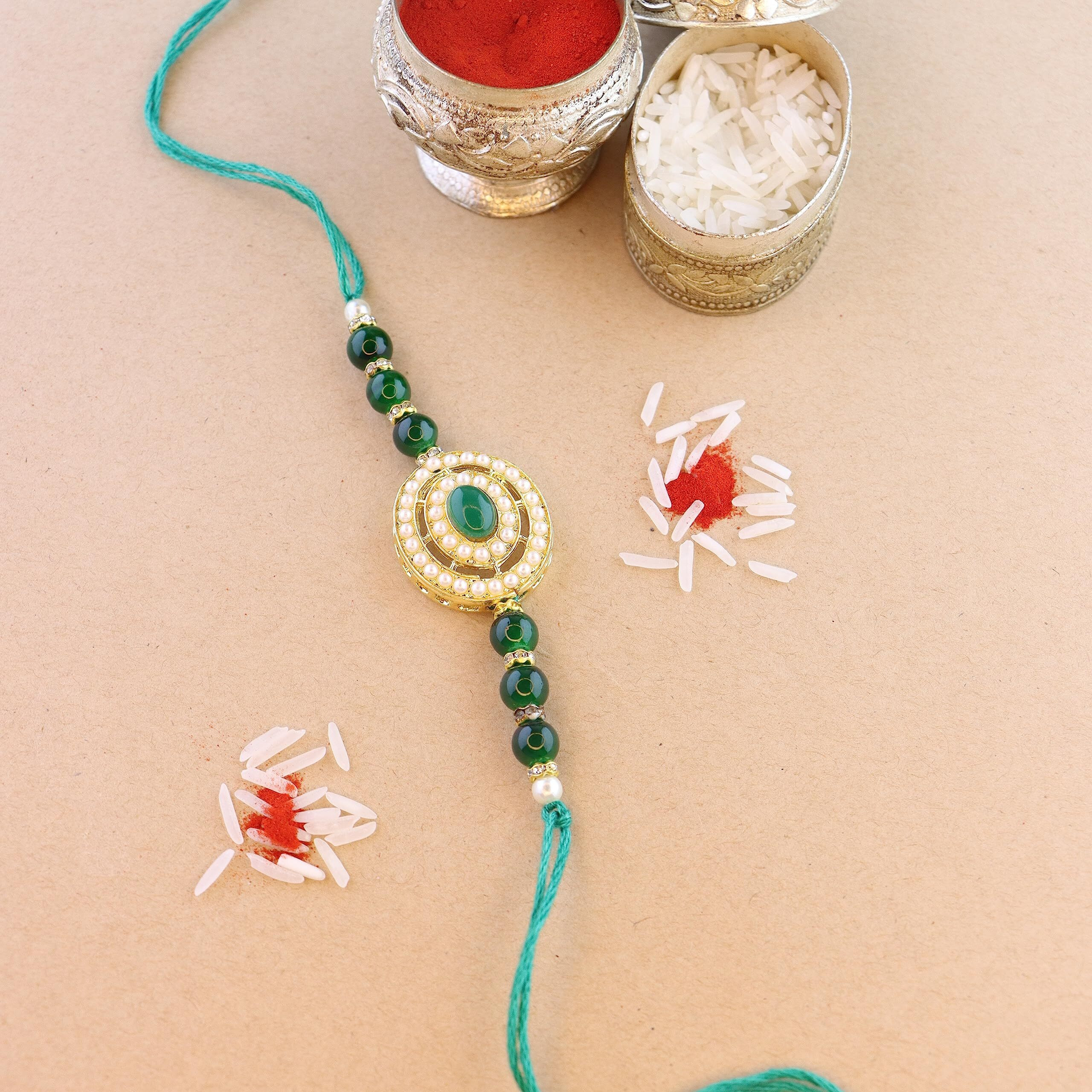 I Jewels Pearl & Kundan Designer Bhaiya Rakhi With Roli Chawal For Brother/Bro/Men With Rakshabandhan Card (R096G-Pu)