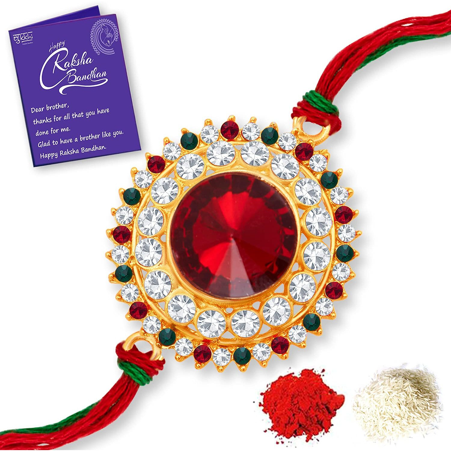 Sukkhi Rakhi Ethereal Kundan Designer Gold Plated Premium Rakhi For Brother With Roli Chawal & Greeting Card | Rakhi For Bhaiya | Rakhi For Men | Kundan Rakhi | (Rak100037)