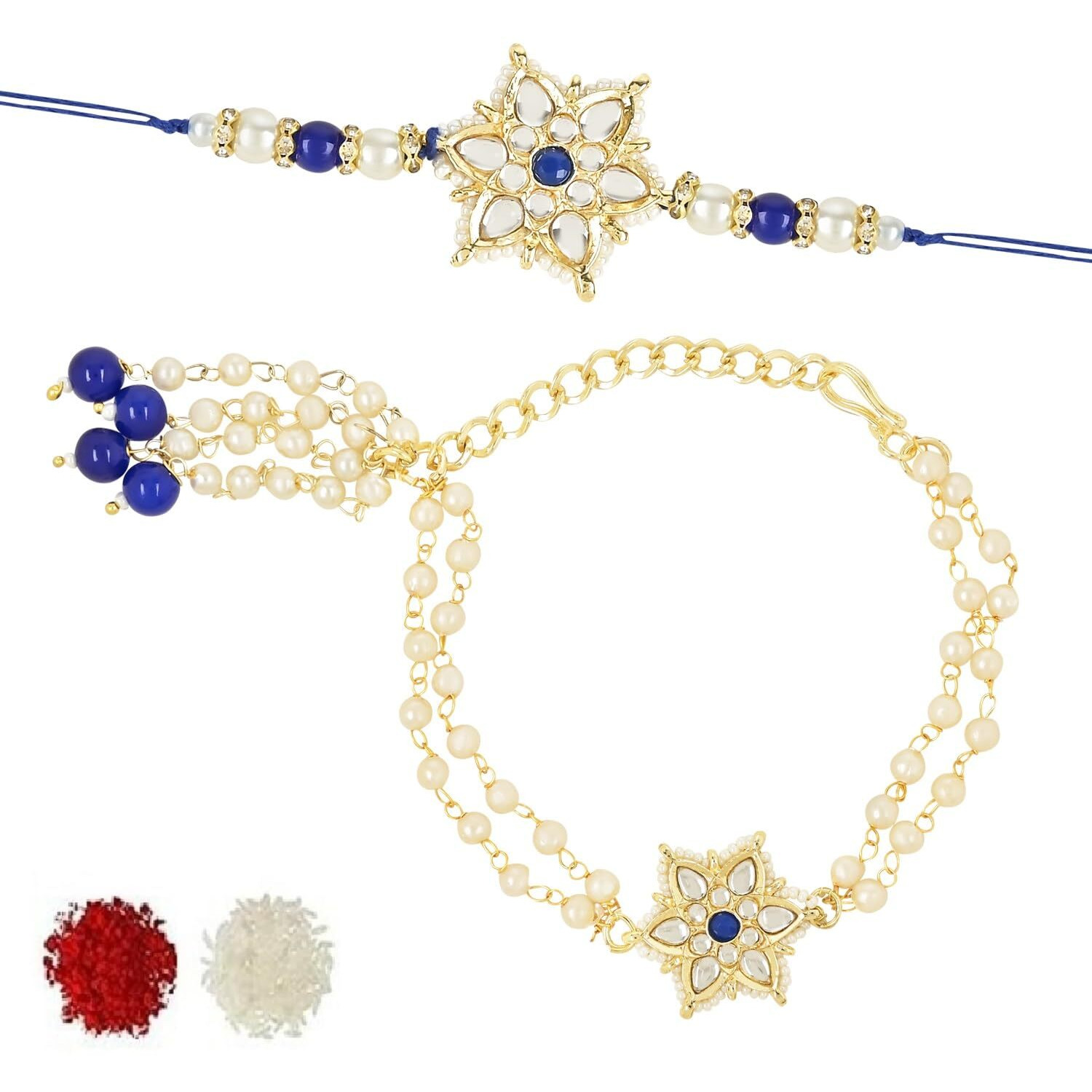 I Jewels Mens Kundan & Pearl Hanging Bhaiya Bhabhi Lumba Rakhi Combo Set With Roli Chawal And Rakshabandhan Card (R116Bl-Co)