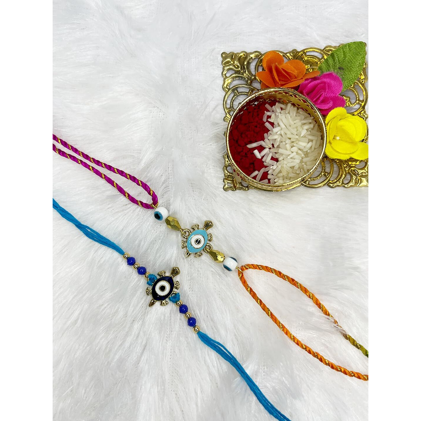 Mahi Combo Of 2 Evil Eye And Tortoise-Shaped Rakhis With Meena Work Enamel For Bhaiya, Brother, Bhai, Bro (Rco1105688G)