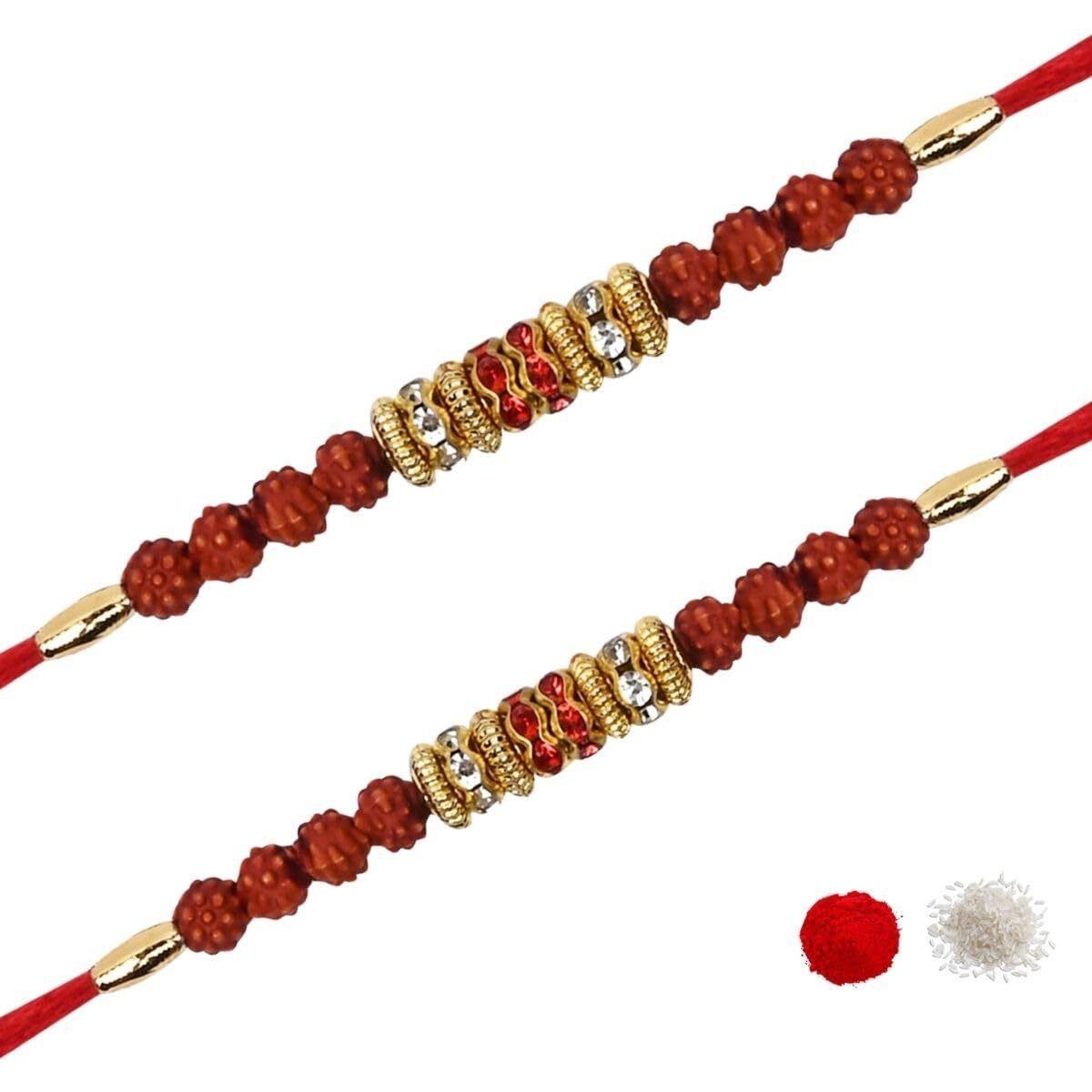 I Jewels Mens Rudraksha Rakhi With Roli Chawal & Rakshabandhan Card For Bro/Brother/Bhai (R219-2)(Set Of 2)