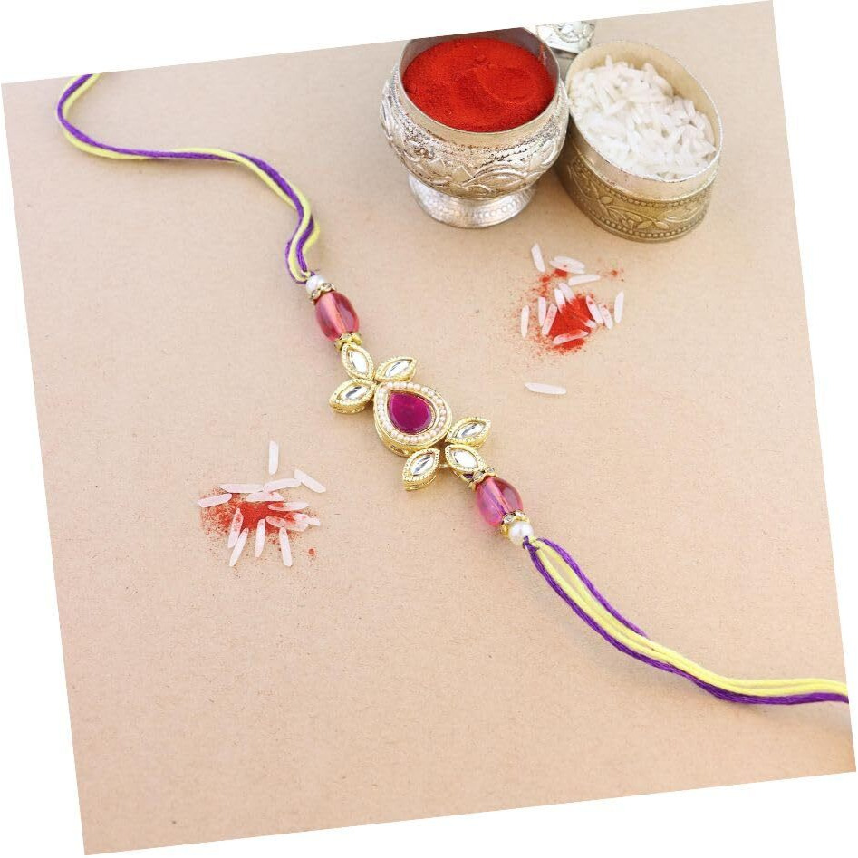 I Jewels Pearl & Kundan Designer Bhaiya Rakhi With Roli Chawal For Brother/Bro/Men With Rakshabandhan Card (R111Q)