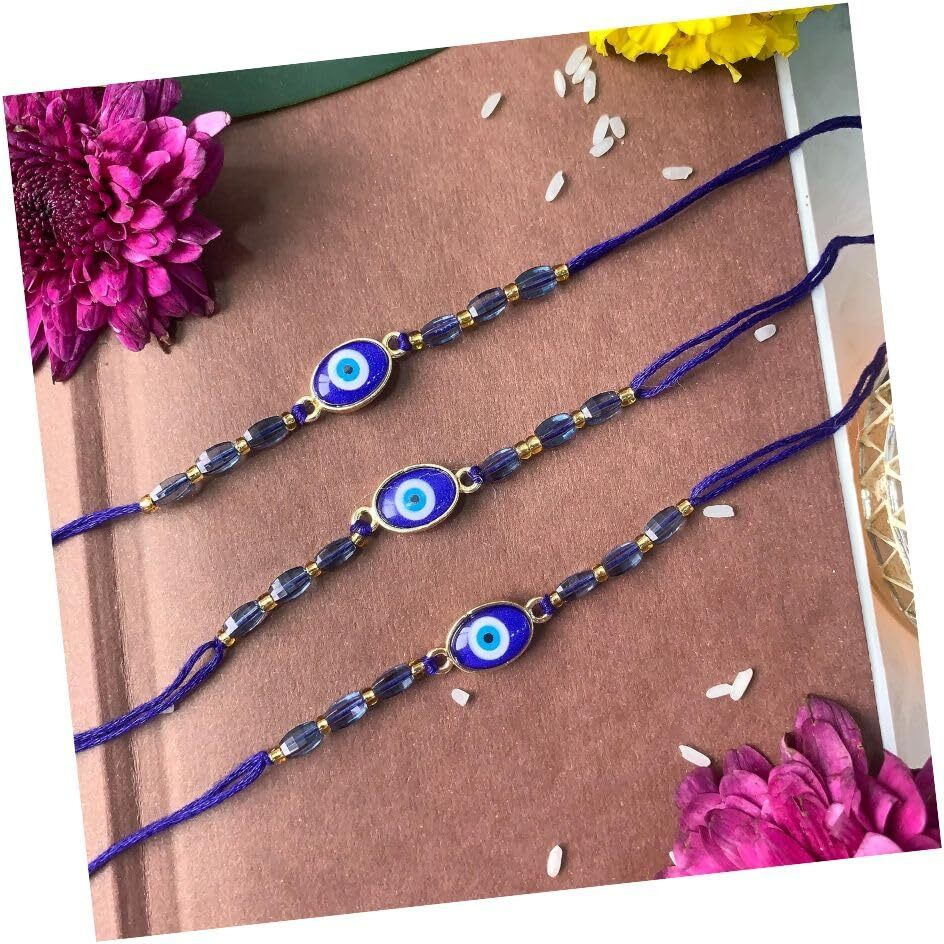 I Jewels Rakshabandhan Enamel Evil Eye Rakhi Combo Set With Roli Chawal For Bhaiya/Brother/Bro/Men/Boys/Kids (R128-3)