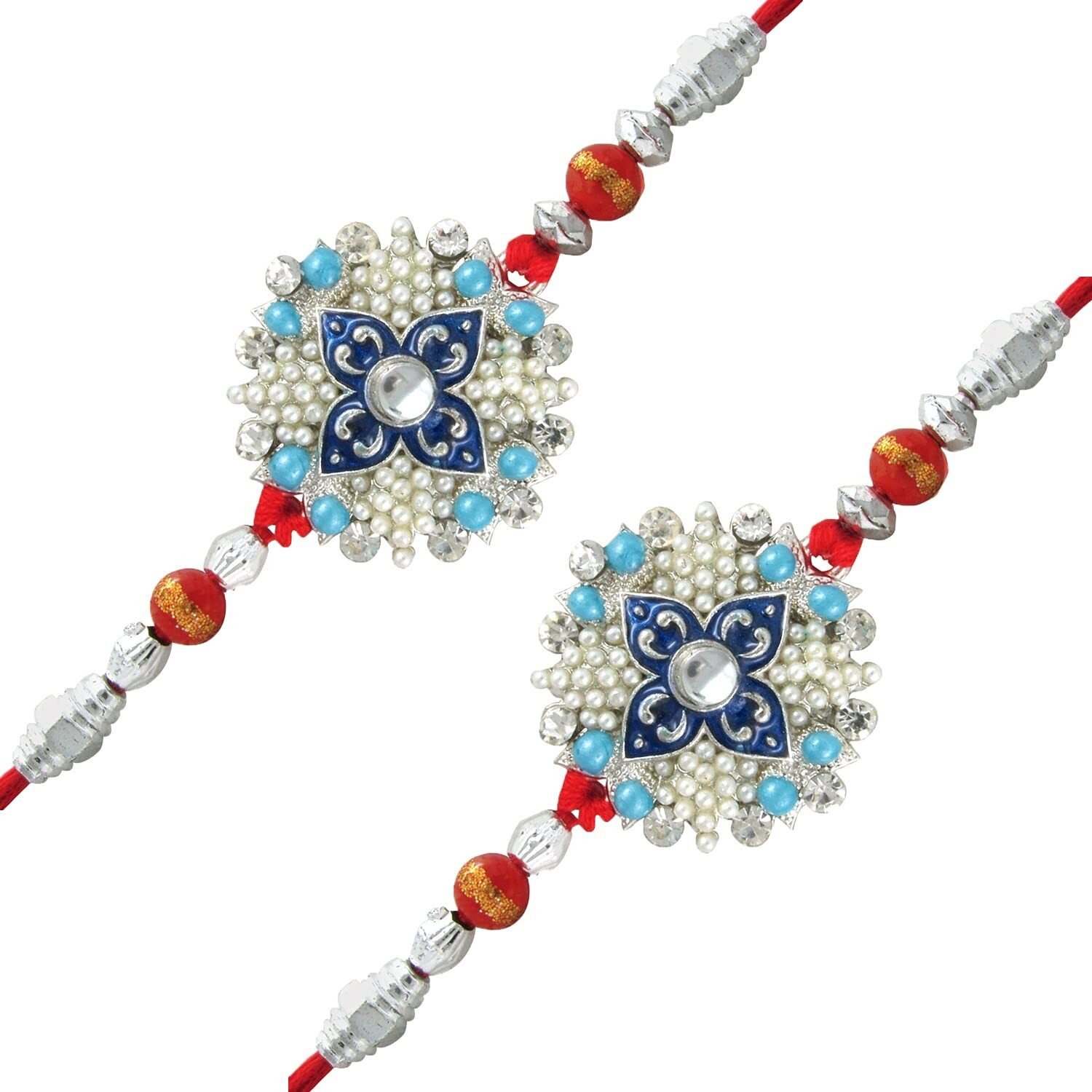 Mahi Rhodium Plated Combo Of 2 Florid Rakhi With Crystals And Artificial Pearls (Bracelet) For Adroable Brother (Rco1105007Rc)