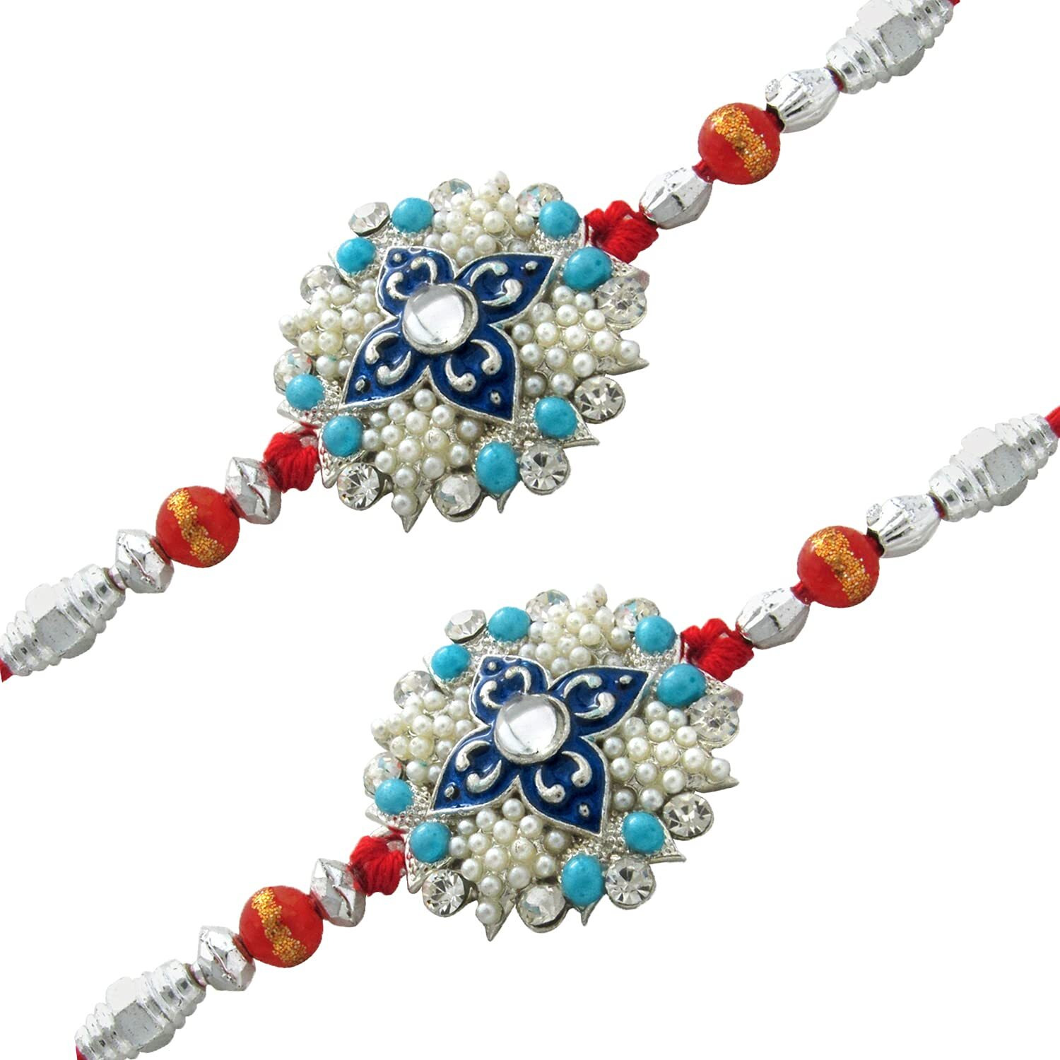 Mahi Rhodium Plated Combo Of 2 Florid Rakhi With Crystals And Artificial Pearls (Bracelet) For Adroable Brother (Rco1105007Rc)