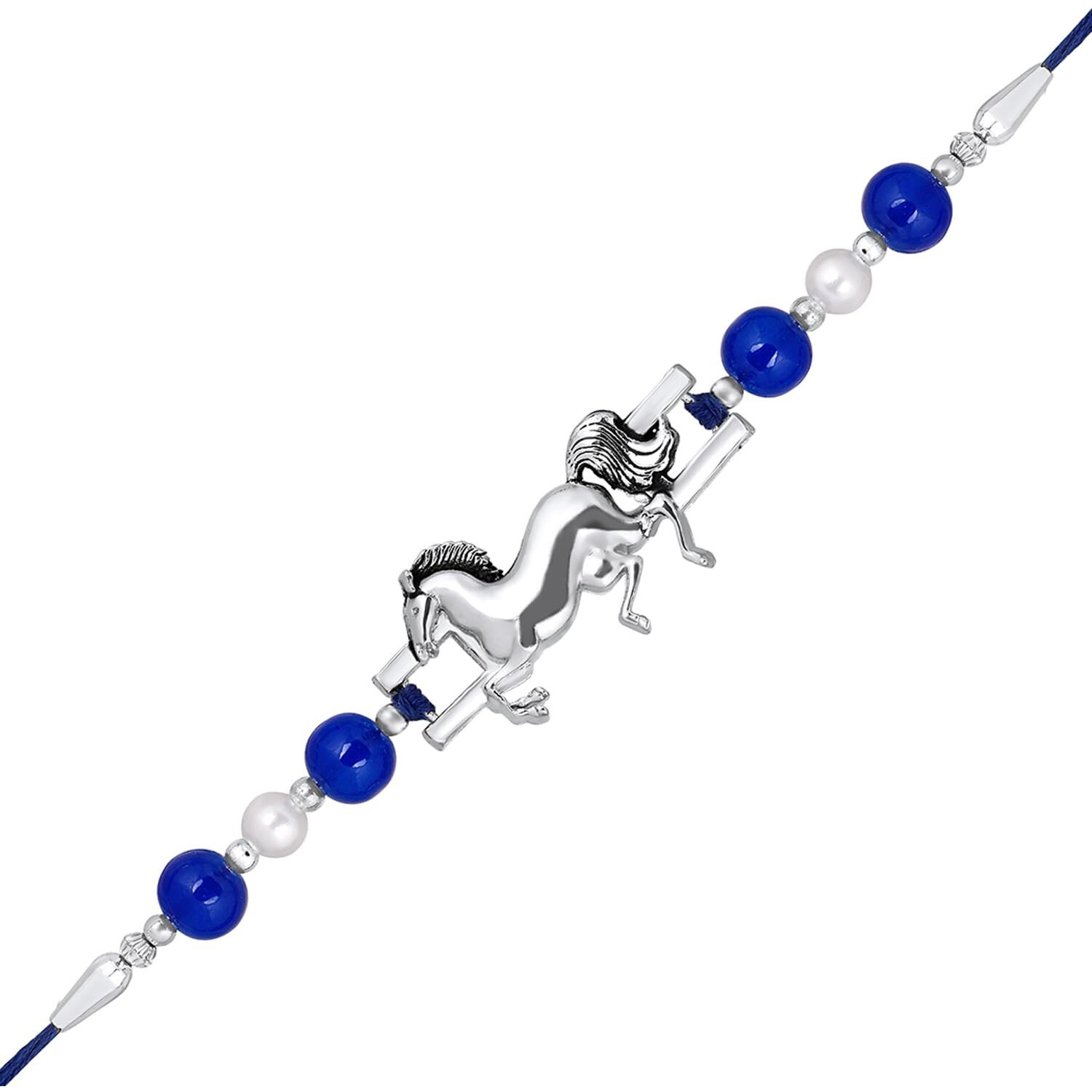 Mahi Running Horse-Shaped Rakhi With Blue And White Artificial Pearl Rakhi For Brother, Bhai, Bro (Ra1100766R)