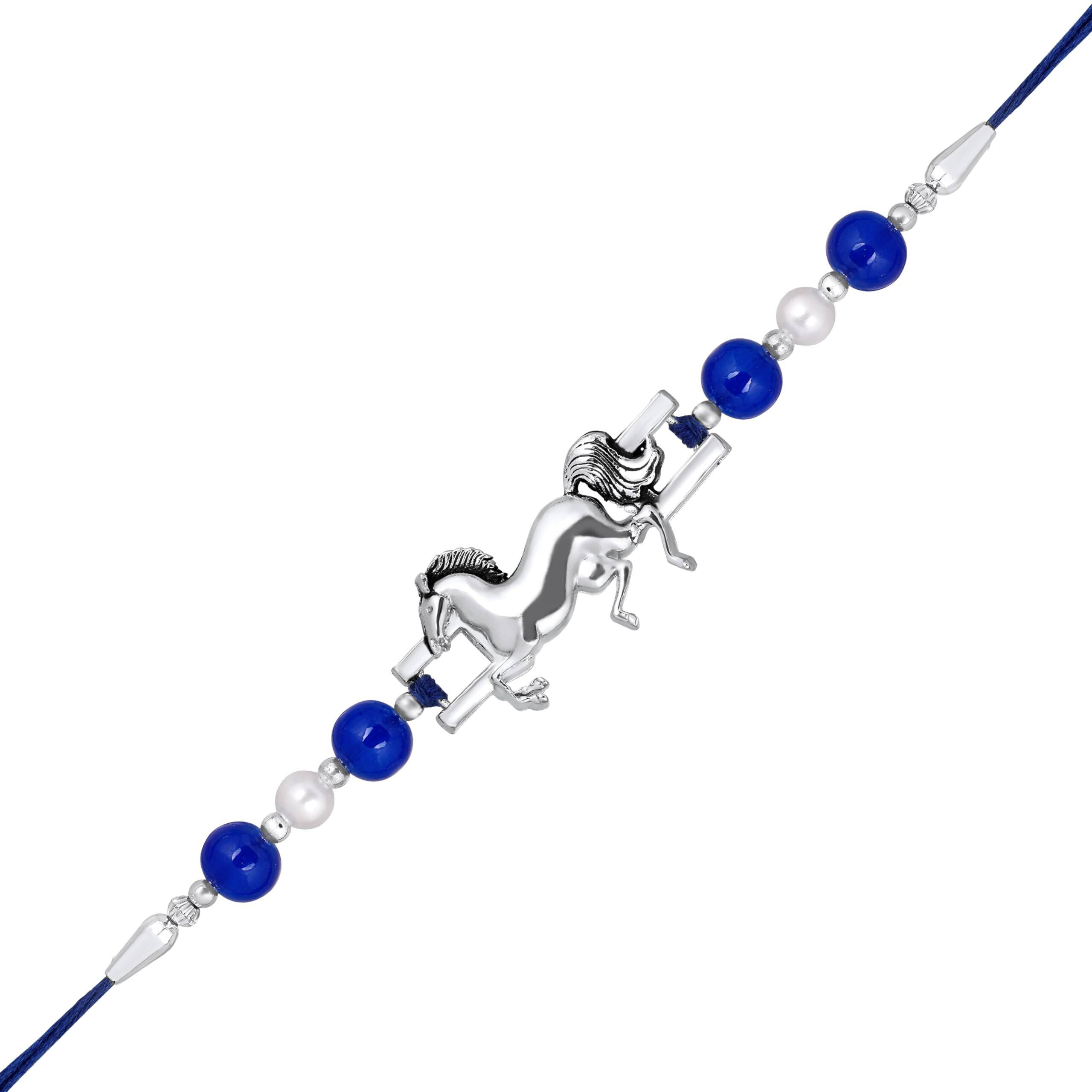 Mahi Running Horse-Shaped Rakhi With Blue And White Artificial Pearl Rakhi For Brother, Bhai, Bro (Ra1100766R)
