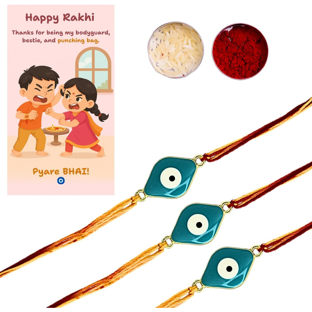 Jwella Evil Eye Rakhi With Quirky Raksha Bandhan Card, Roli & Chawal Pack Of 3| Rakhi Combo With Fun Card