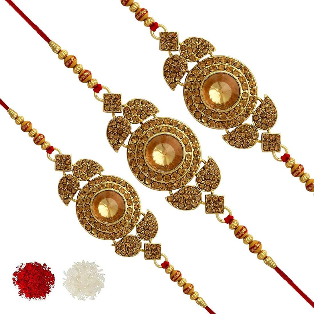 Preyans Kundan Stone Gold Plated Alloy Metal Stylish Rakhi With Roli Chawal For Brothers (Combo Of 3 Rakhi)(Rkh253Cmb)