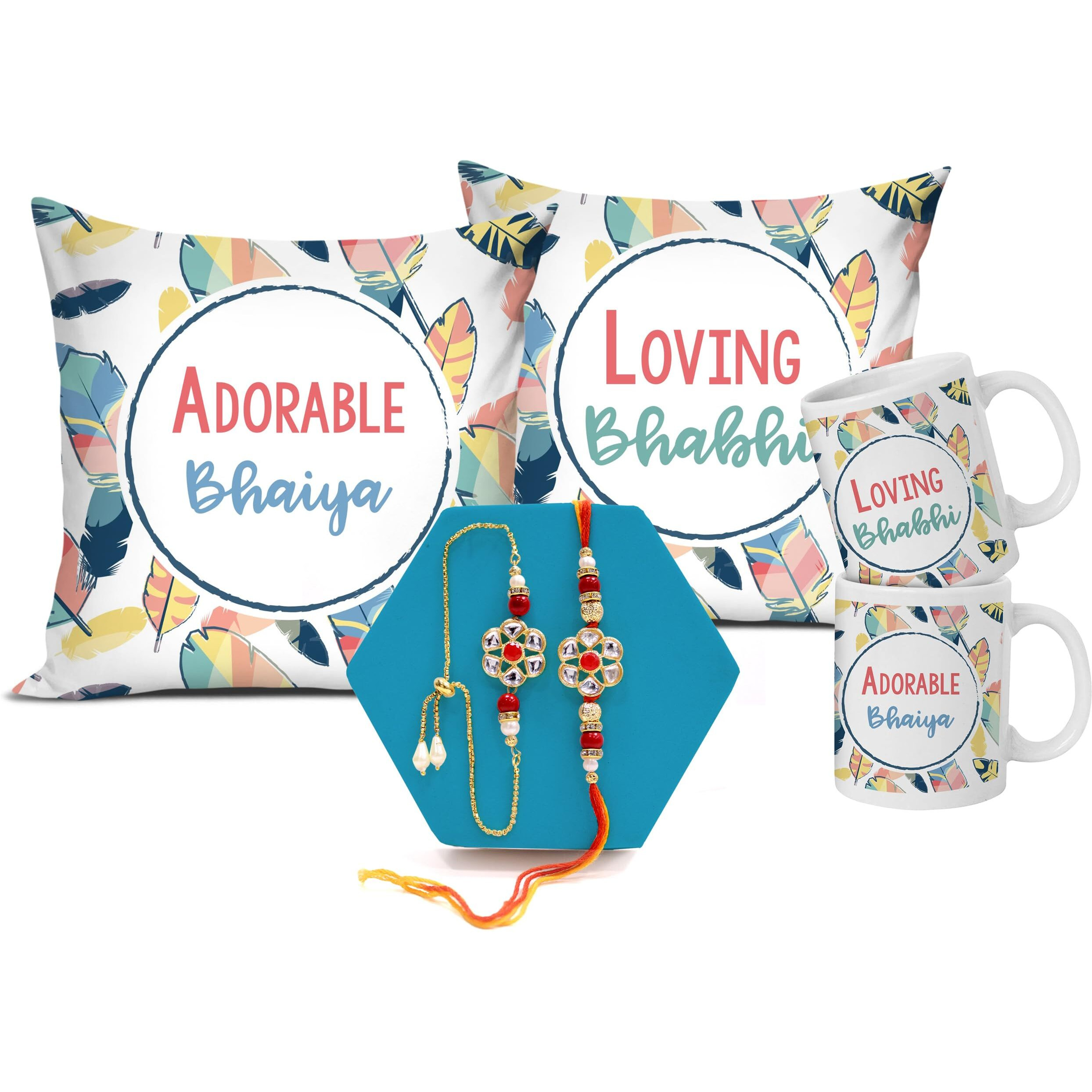 Tied Ribbons Designer Unisex Adult Lumba Rakhi Gifts Set Rakshabandhan Special Card Printed Coffee Mug And Cushion (12 Inch X 12 Inch) With Filler