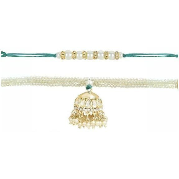 I Jewels Mens Kundan & Pearl Hanging Bhaiya Bhabhi Lumba Rakhi Combo Set With Roli Chawal And Rakshabandhan Card (Style 2)