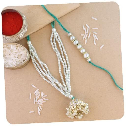 I Jewels Mens Kundan & Pearl Hanging Bhaiya Bhabhi Lumba Rakhi Combo Set With Roli Chawal And Rakshabandhan Card (Style 2)