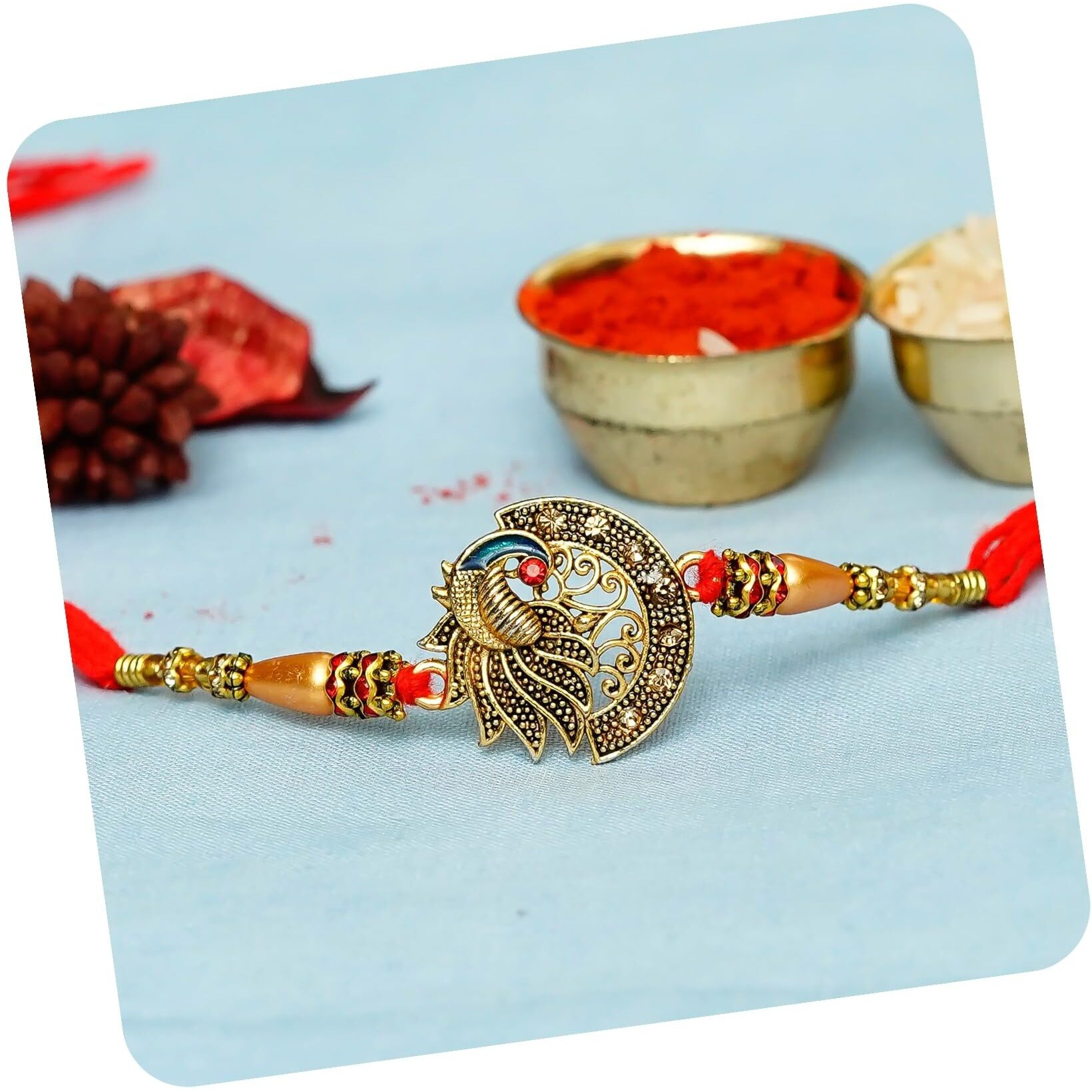Ecraftindia Designer Peacock Rakhi With Roli Chawal Pack And Raksha Bandhan Greeting Card - Rakhi For Brother