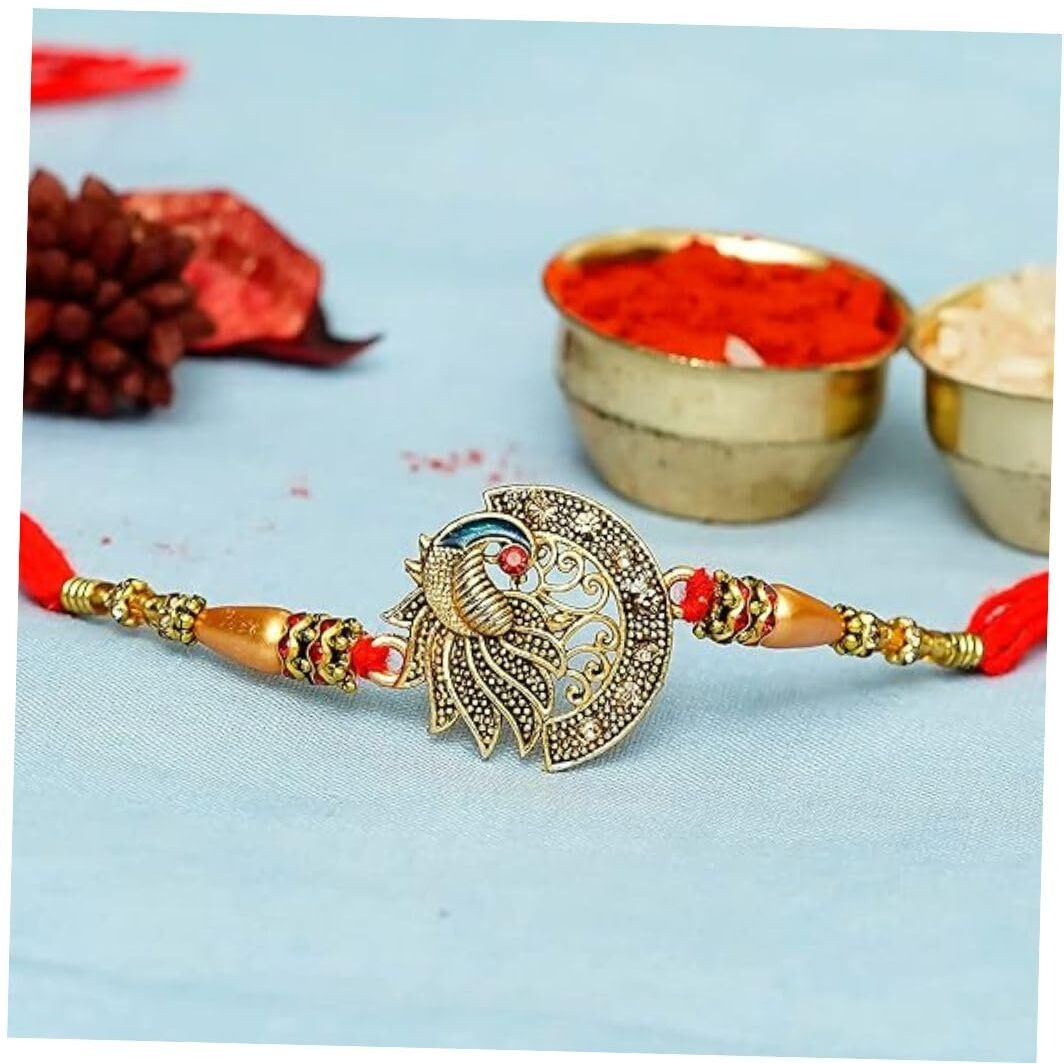 Ecraftindia Designer Peacock Rakhi With Roli Chawal Pack And Raksha Bandhan Greeting Card - Rakhi For Brother