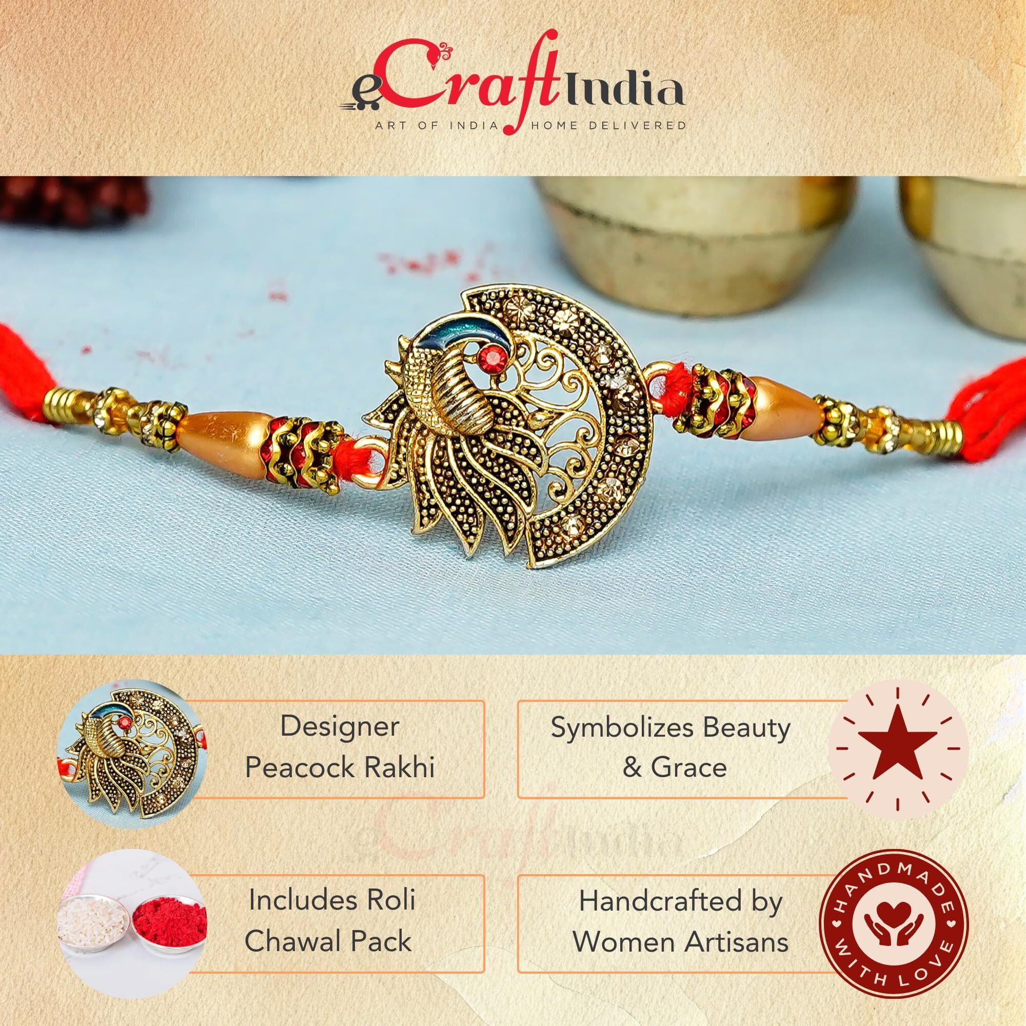 Ecraftindia Designer Peacock Rakhi With Roli Chawal Pack And Raksha Bandhan Greeting Card - Rakhi For Brother