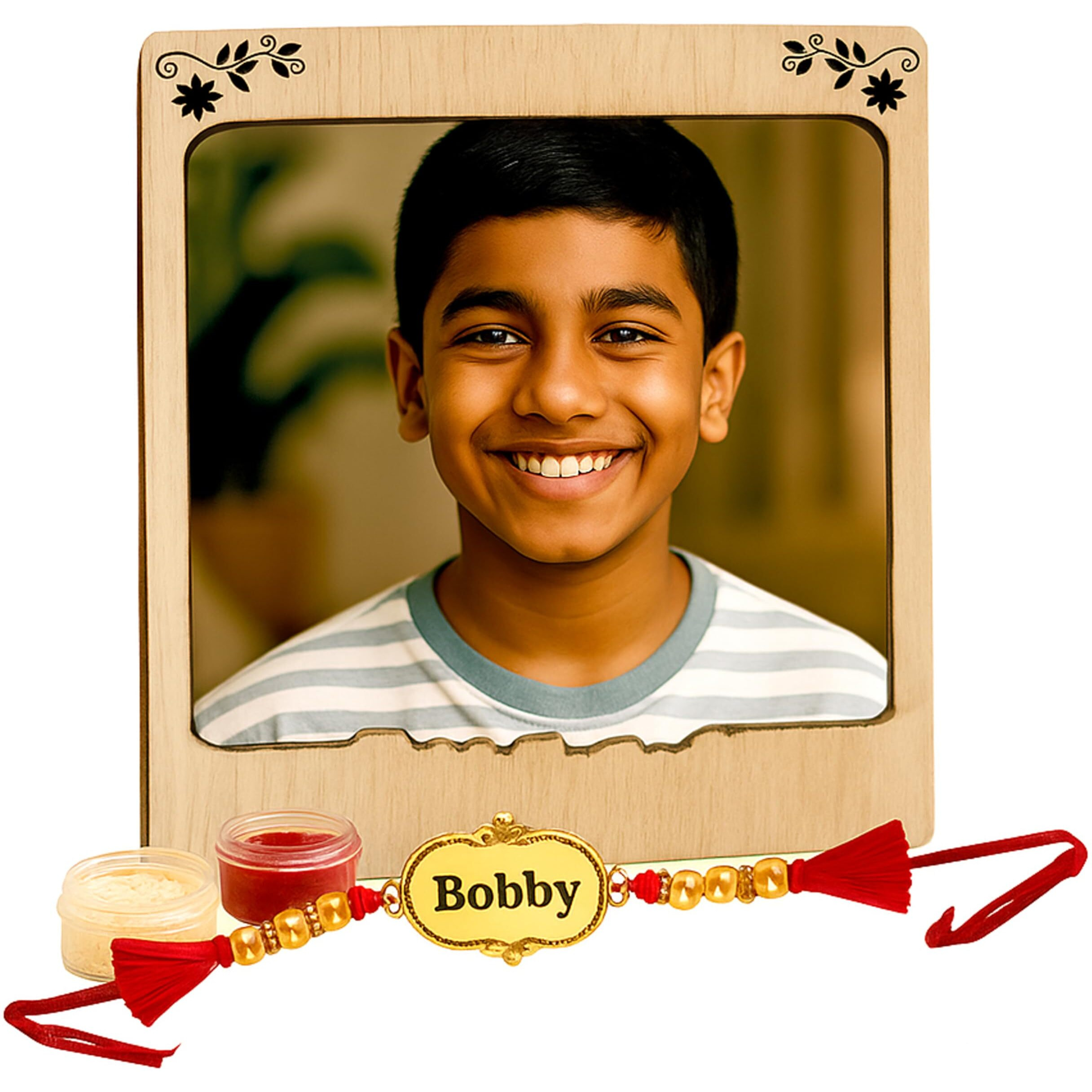 Customized Rakhi Gift  Personalized Polaroid Fridge Magnet Photo Frame With Name Rakhi | Custom Raksha Bandhan Gift For Brother From Sister | Magnetic Frame With Custom Rakhi Combo