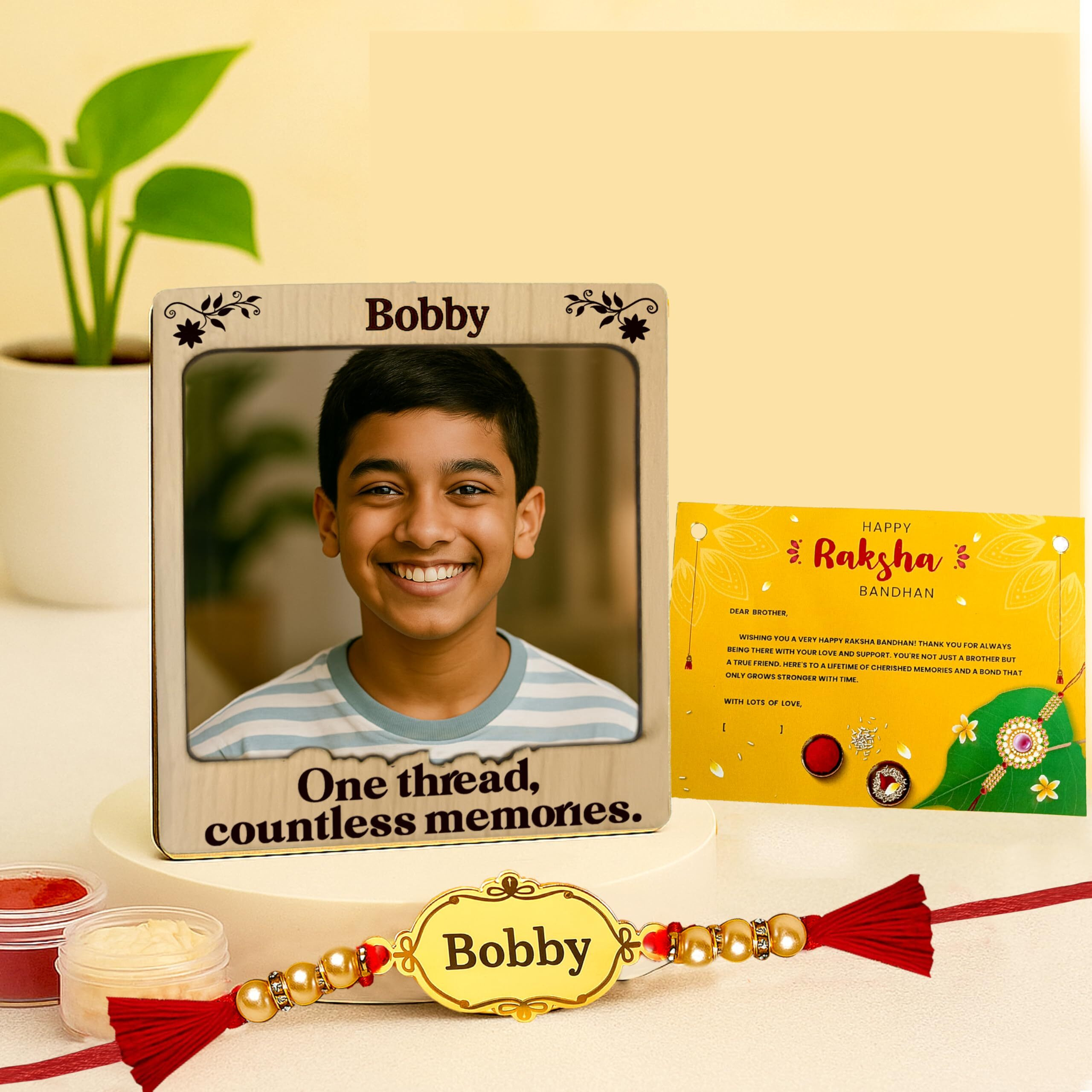 Customized Rakhi Gift  Personalized Polaroid Fridge Magnet Photo Frame With Name Rakhi | Custom Raksha Bandhan Gift For Brother From Sister | Magnetic Frame With Custom Rakhi Combo