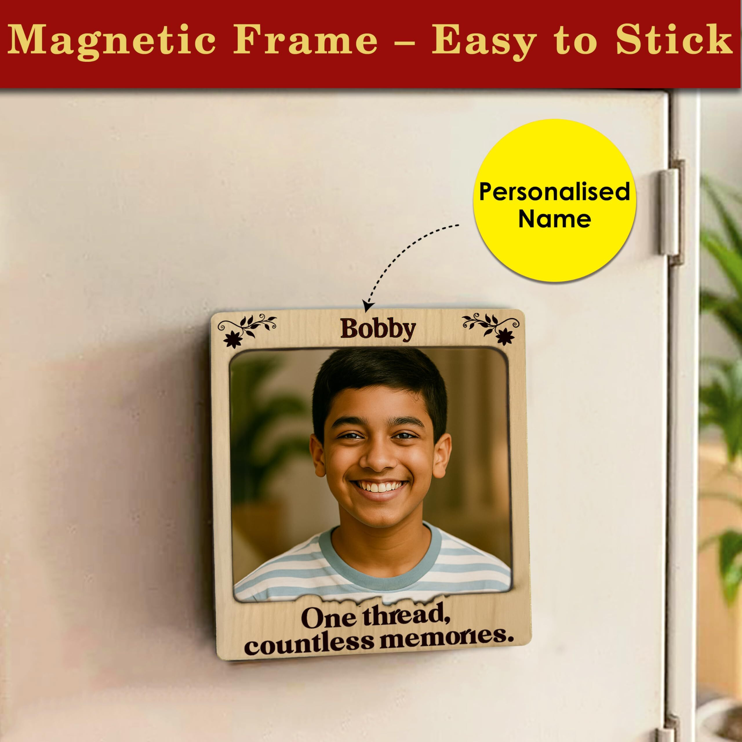 Customized Rakhi Gift  Personalized Polaroid Fridge Magnet Photo Frame With Name Rakhi | Custom Raksha Bandhan Gift For Brother From Sister | Magnetic Frame With Custom Rakhi Combo
