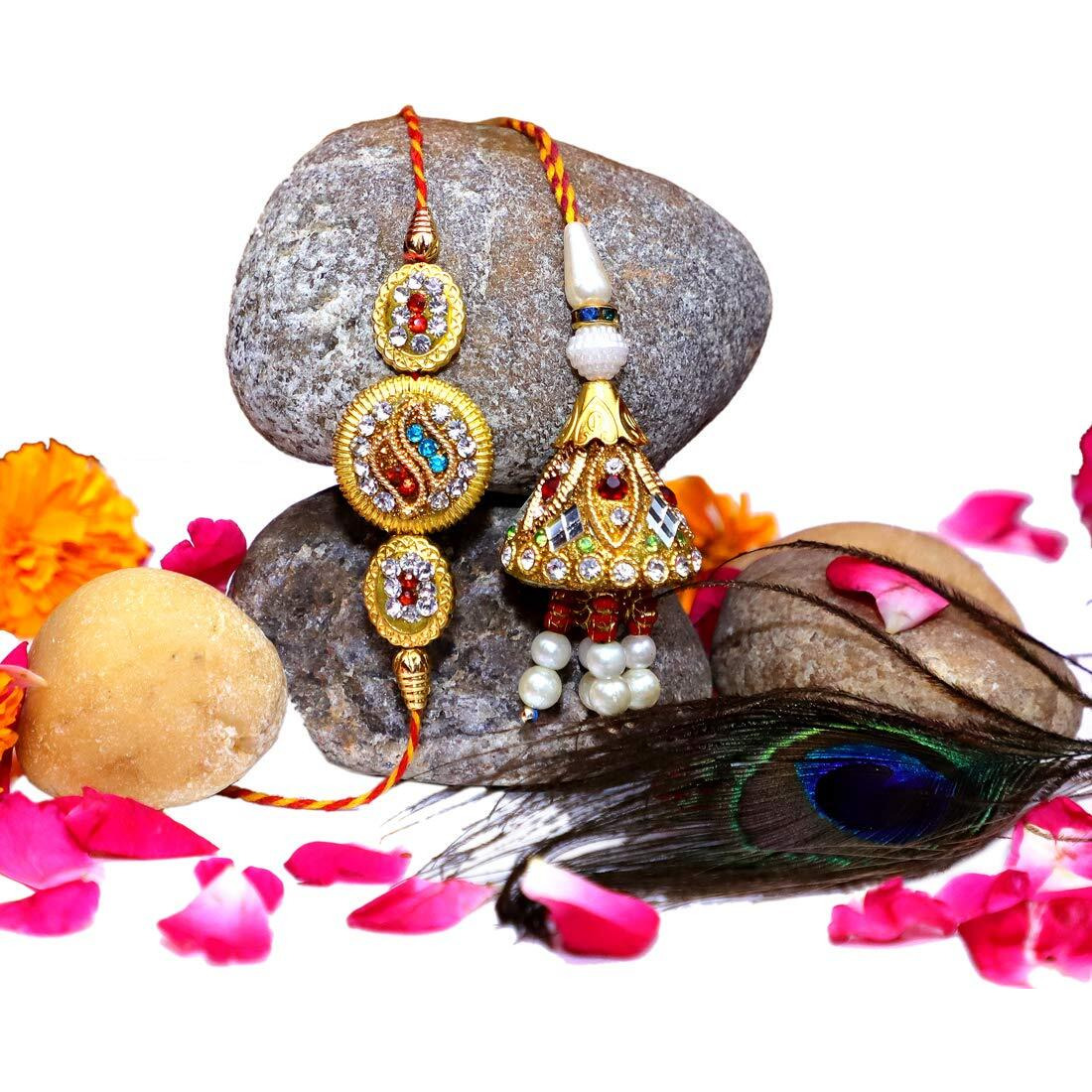 Dealzo Mens Rakhi For Brother And Bhabhi Lumba Floral Rakhi Kundan Bracelet Rakhi For Bhaiya Bhabhi Raksha Bandhan Couple Pearl Rakhi Set Of 2