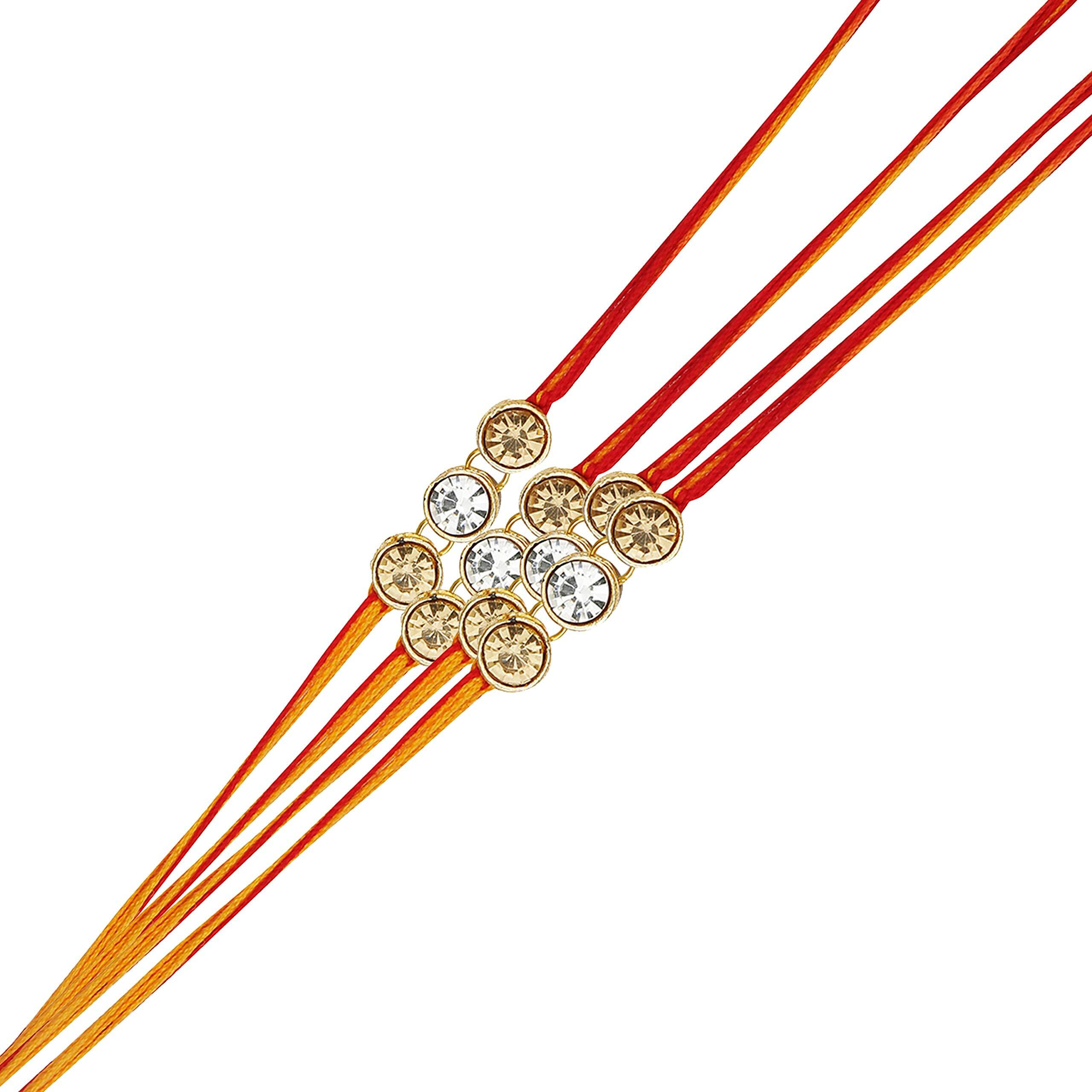 Accessher Mens Traditional Gold Plated Elegant And Stylish Rhinestones Rakhi For Beloved Brother Pack Of 10 With Roli Kumkum Packets And Happy Rakshabandhan Card