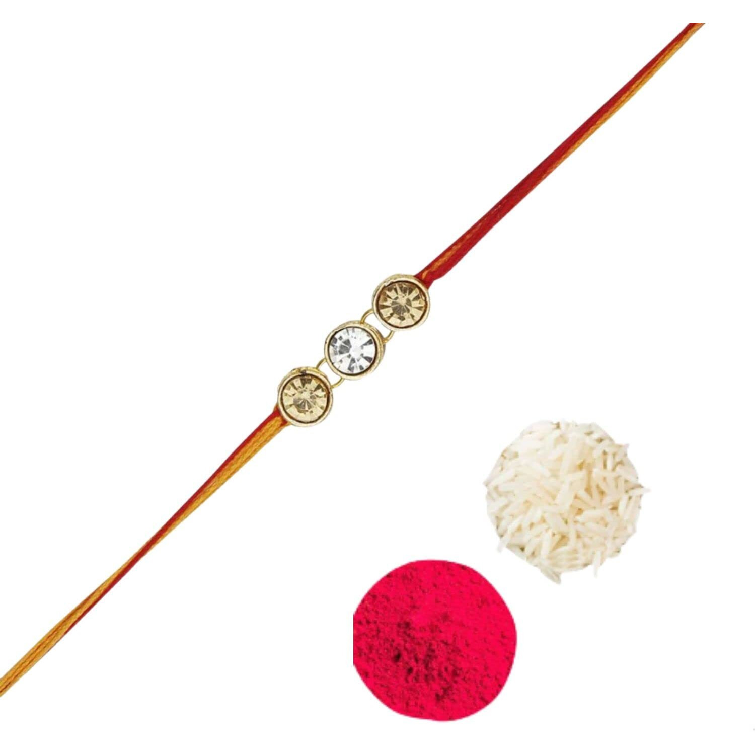 Accessher Mens Traditional Gold Plated Elegant And Stylish Rhinestones Rakhi For Beloved Brother Pack Of 10 With Roli Kumkum Packets And Happy Rakshabandhan Card