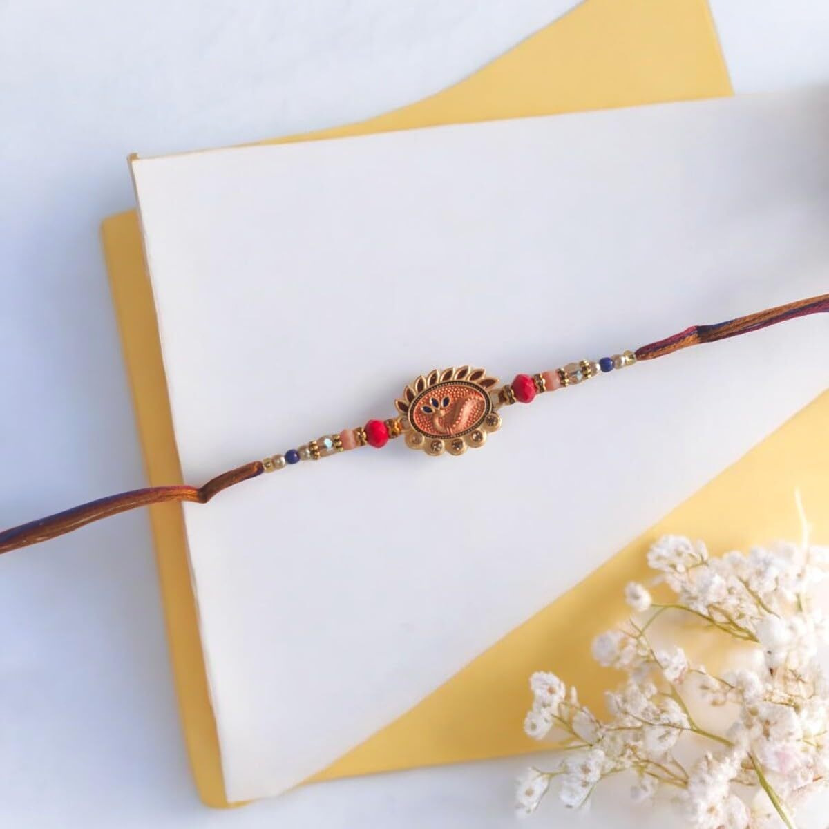 Accessher Mens Traditional Meenakari Peacok Design Rakhi For Beloved Brother & Gifting With Roli Kumkum Packets & Happy Rakshabandhan Card