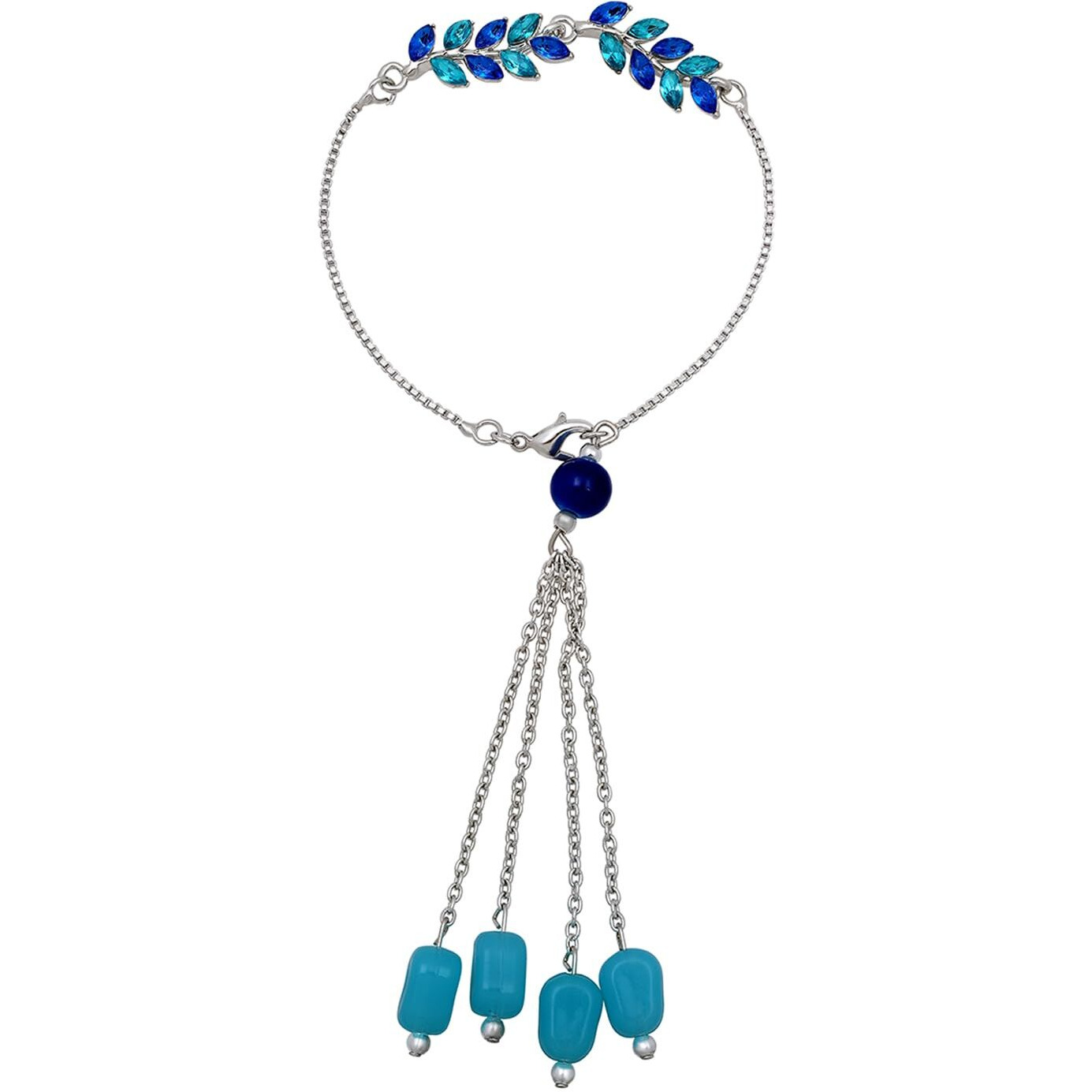 Mahi Light And Dark Blue Leafy Shape Crystals Lumba Rakhi For Bhabhi (Ral1100712Rblu)