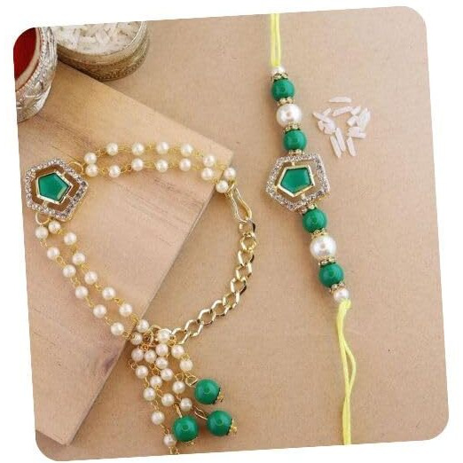 I Jewels Unisex Adult Designer Kundan & Pearl Hanging Bhaiya Bhabhi Lumba Rakhi Combo Set With Roli Chawal And Rakshabandhan Card (R119G-Co)