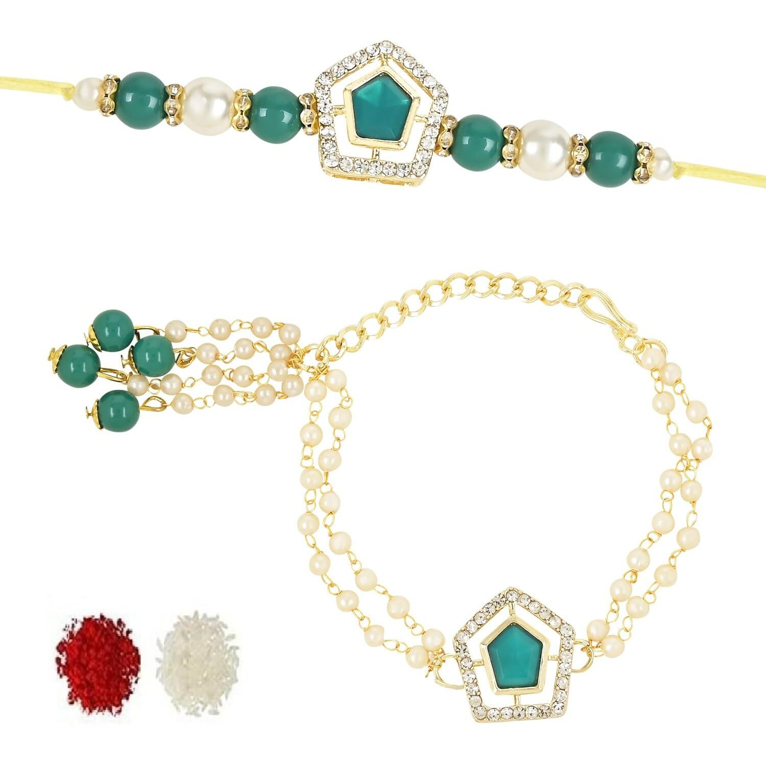 I Jewels Unisex Adult Designer Kundan & Pearl Hanging Bhaiya Bhabhi Lumba Rakhi Combo Set With Roli Chawal And Rakshabandhan Card (R119G-Co)