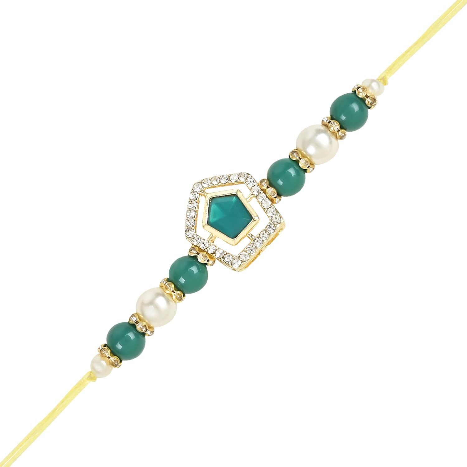 I Jewels Unisex Adult Designer Kundan & Pearl Hanging Bhaiya Bhabhi Lumba Rakhi Combo Set With Roli Chawal And Rakshabandhan Card (R119G-Co)