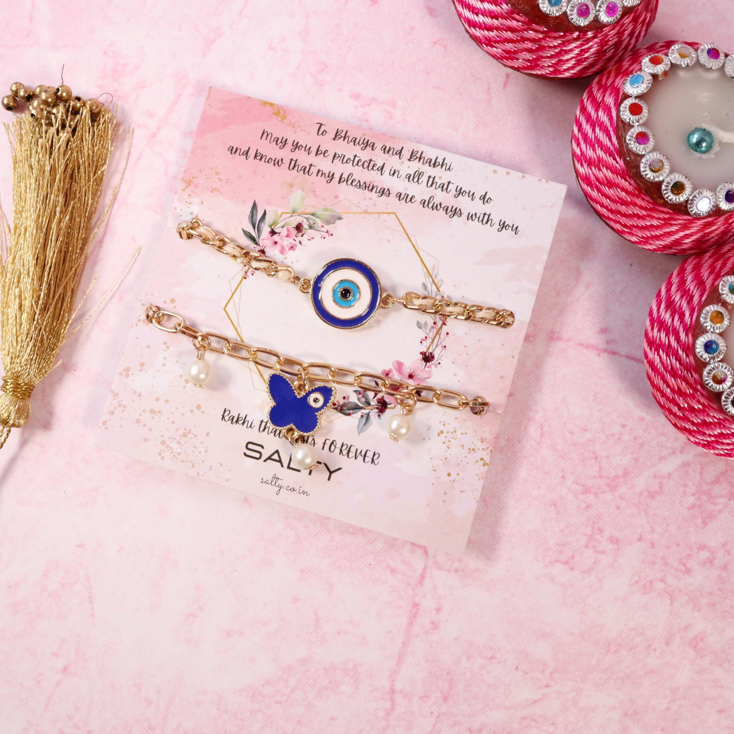 Salty Bhaiya Bhabhi Rakhi Set Of 2 Evil Eye | Rakhi Gift Pack For Sister, Bhaiya | Bracelet For Men, Women | Fancy Jewellery Combo Gifts | Ideal For Gifting Hamper