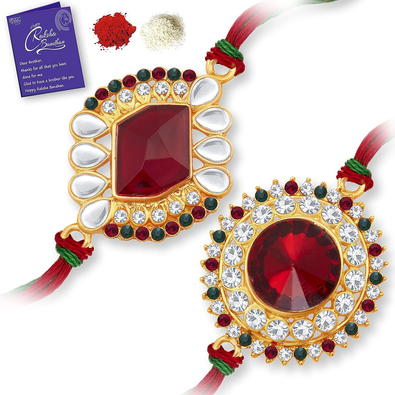 Sukkhi Rakhi Designer Kundan Rakhi Combo & Designer Gold Plated Premium Rakhi For Brother, Roli Chawal & Greeting Card|Rakhi For Bhaiya|Rakhi For Men|Kundan Rakhi|Rakhi Combo-Set Of 2 |Cbrak100041