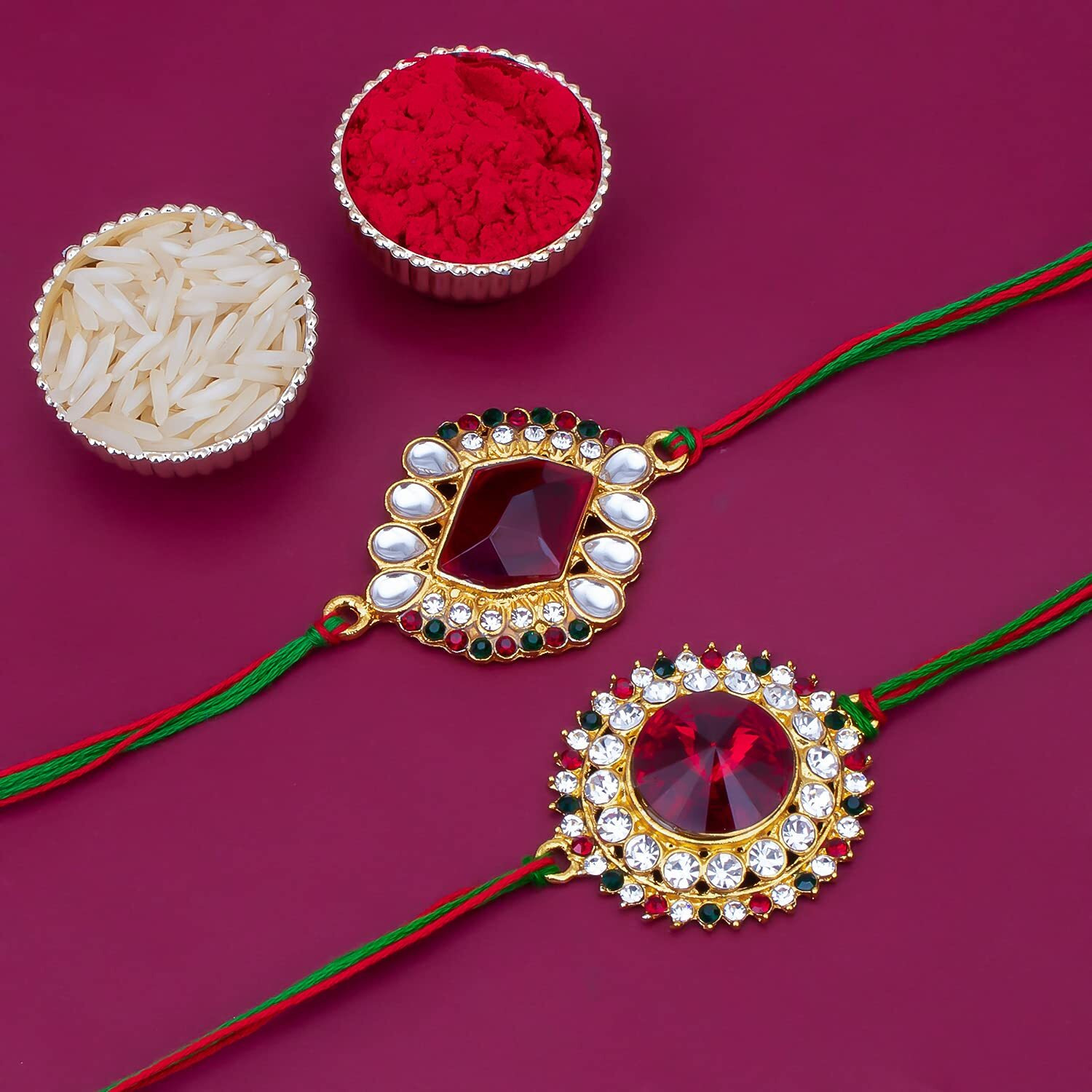 Sukkhi Rakhi Designer Kundan Rakhi Combo & Designer Gold Plated Premium Rakhi For Brother, Roli Chawal & Greeting Card|Rakhi For Bhaiya|Rakhi For Men|Kundan Rakhi|Rakhi Combo-Set Of 2 |Cbrak100041