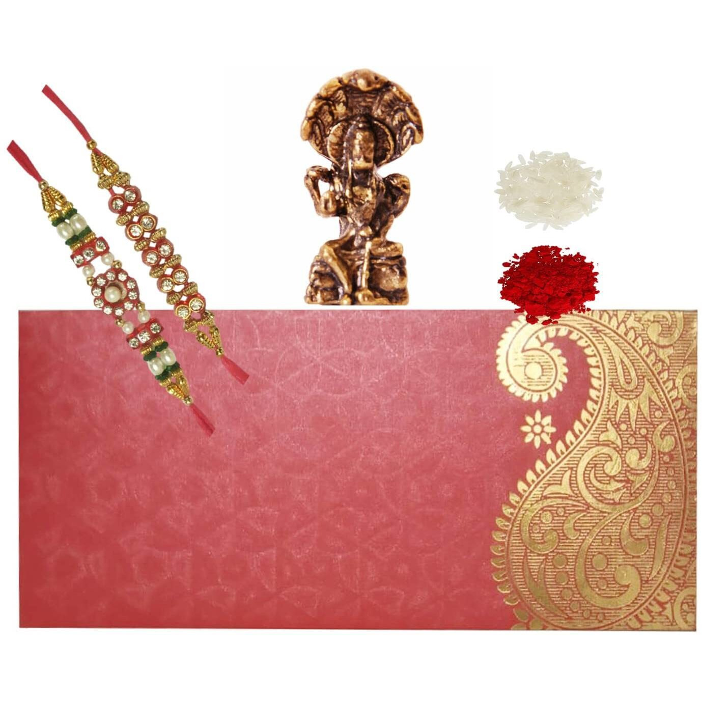 Purpledip Bhai Dooj Rakhi Set For Brother 2 Rakshabandhan Bracelets, Roli Chawal Tika, Miniature Vishnu Statue (Rakhi99A)