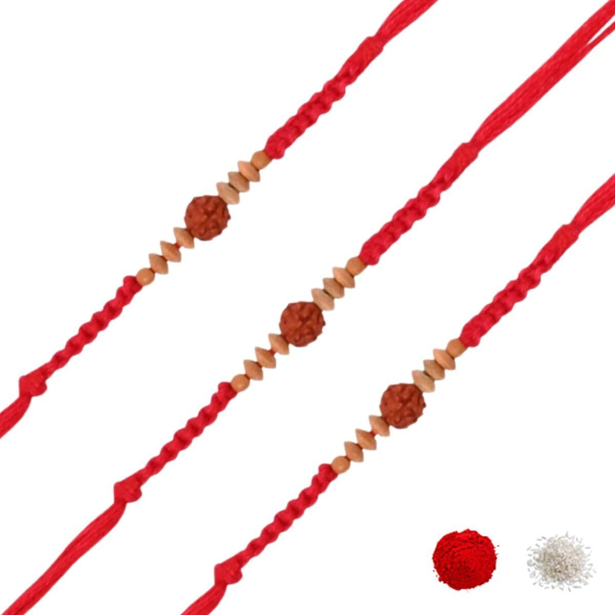 I Jewels Rudraksha & Sandalwood Beads Rakhi With Roli Chawal & Rakshabandhan Card For Men/Bro/Brother (R336-3) (Pack Of 3)