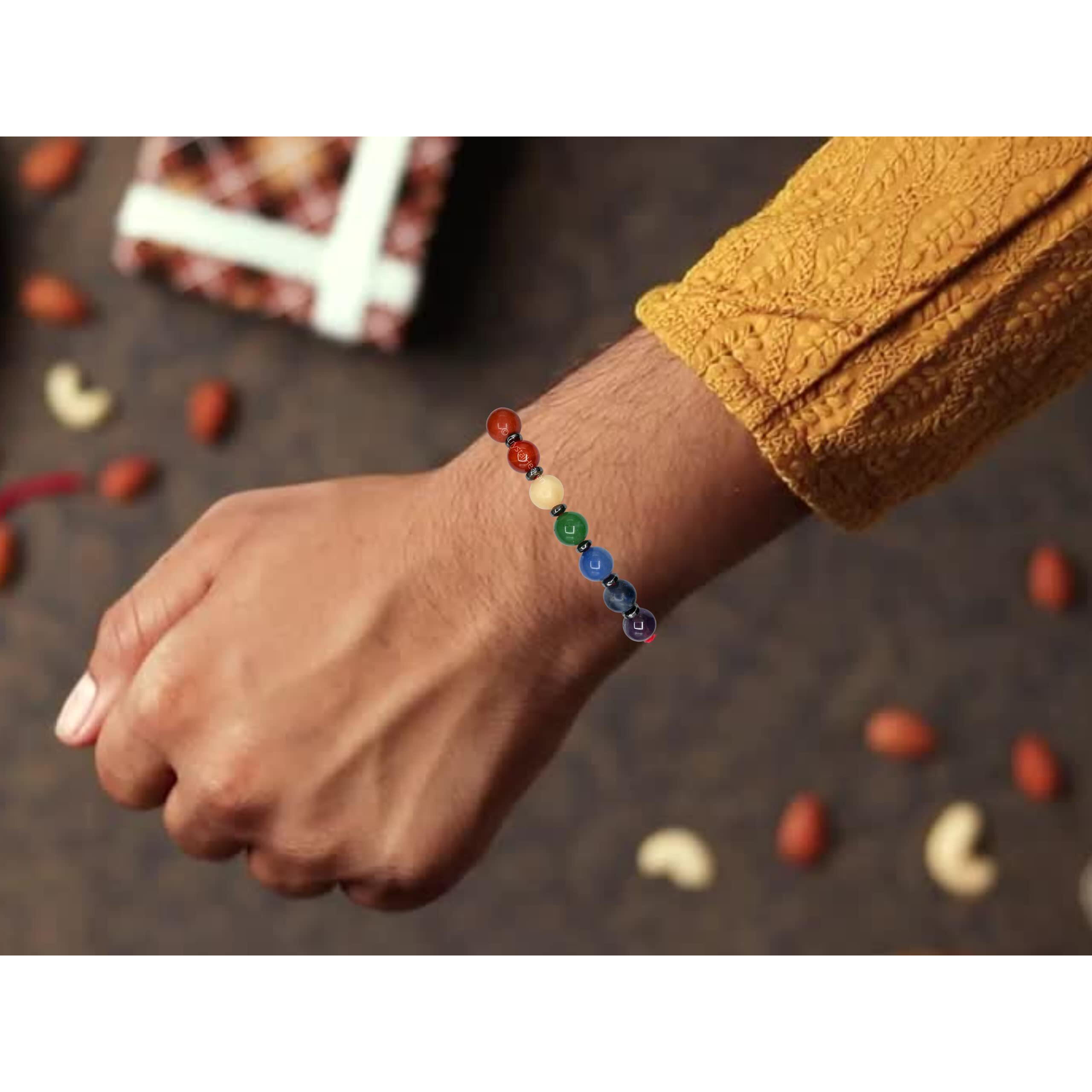 Rakhi Sets Combo Of 2 For Brother Bhaiya And Bhabhi With Amethyst Sodalite Blue Aventurine Green Aventurine Yellow Calcite Carnelian Red Jasper Crystals | Rakshabandhan Best Wishes Greeting Card (7 Chakra Stones)