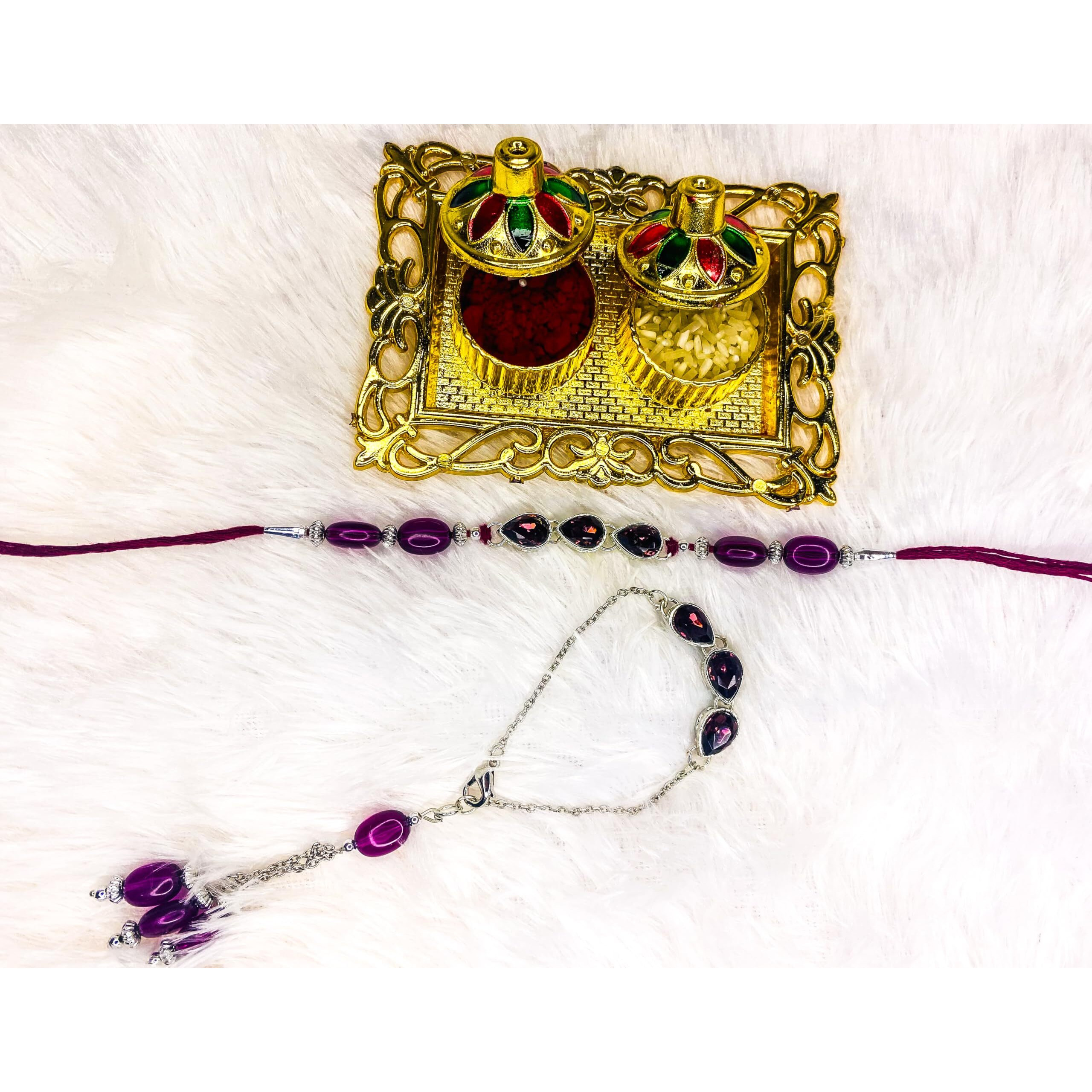 Mahi Maroon Water Drop Shape Crystal Lumba And Brother Rakhi Set For Bhaiya And Bhabhi (Rcol1105672Rmar)