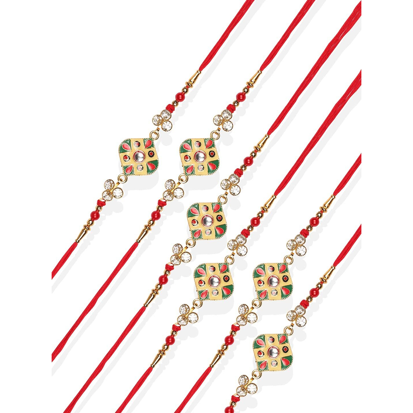 Accessher Traditional Elegant And Stylish Enamel Rakhi For Brother With Stones Pack Of 6 With Roli Kumkum Packets And Happy Rakshabandhan Card