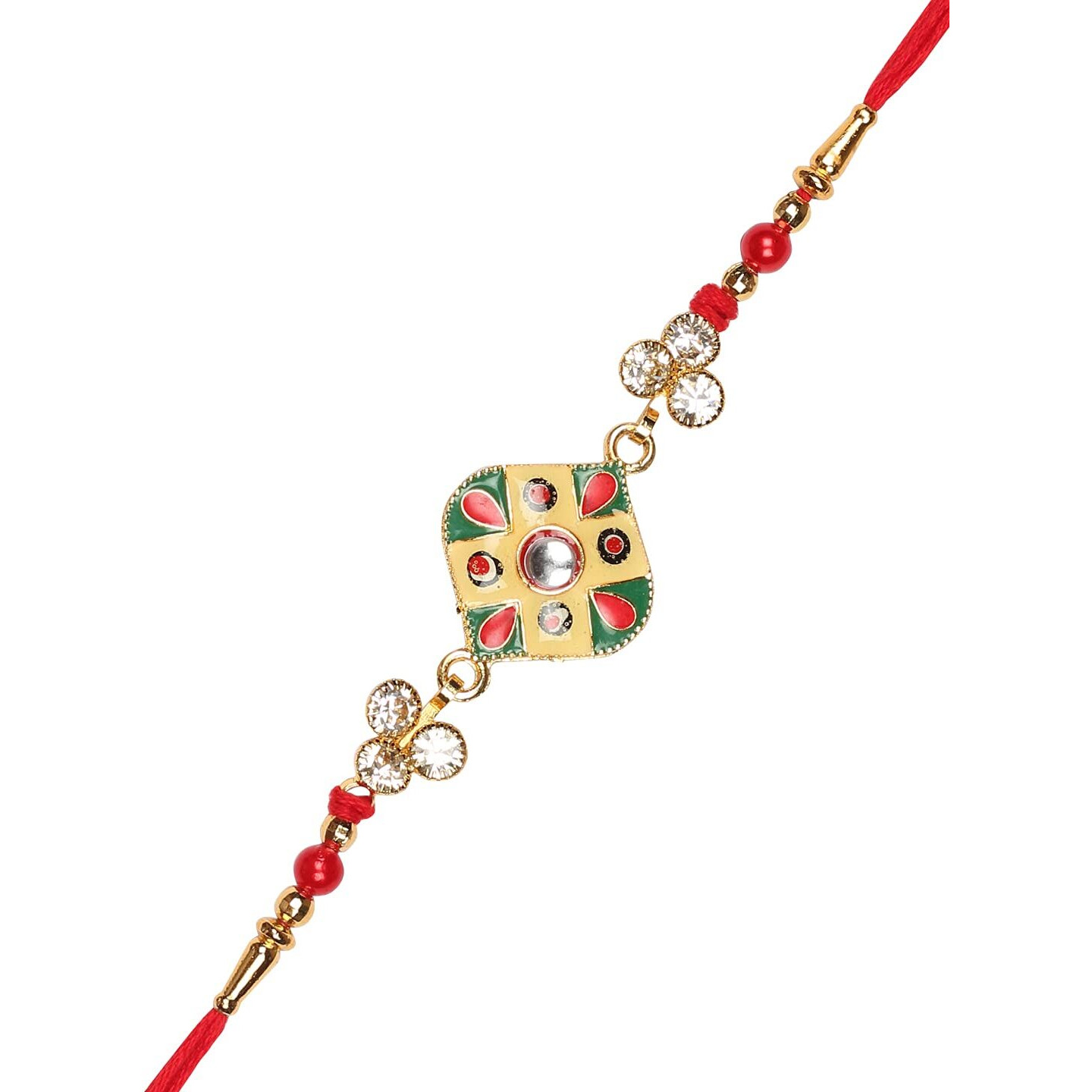 Accessher Traditional Elegant And Stylish Enamel Rakhi For Brother With Stones Pack Of 6 With Roli Kumkum Packets And Happy Rakshabandhan Card
