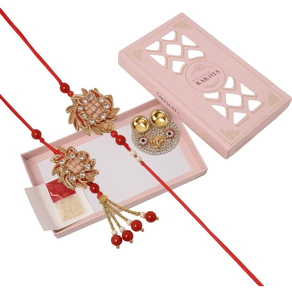 Vending India Gota Patti Bhaiya Bhabhi Pair Rakhi In A Gift Box With Roli - Combo With Roli, Chandan In A Rakshabandhan Card (Mirror)