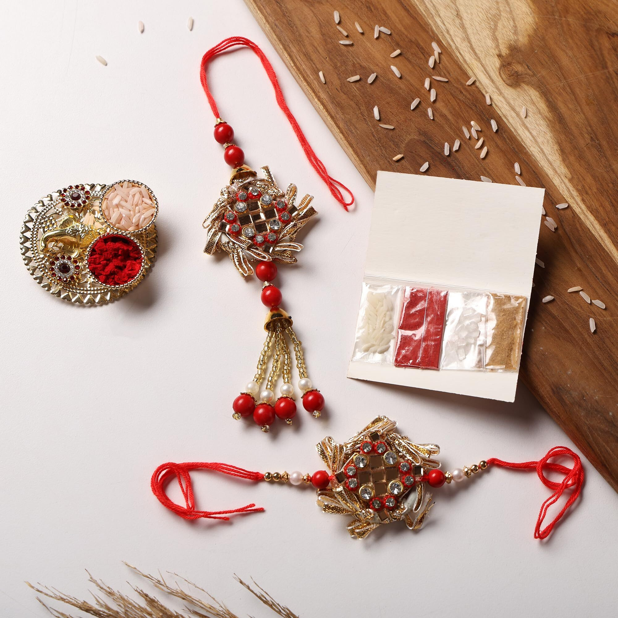 Vending India Gota Patti Bhaiya Bhabhi Pair Rakhi In A Gift Box With Roli - Combo With Roli, Chandan In A Rakshabandhan Card (Mirror)