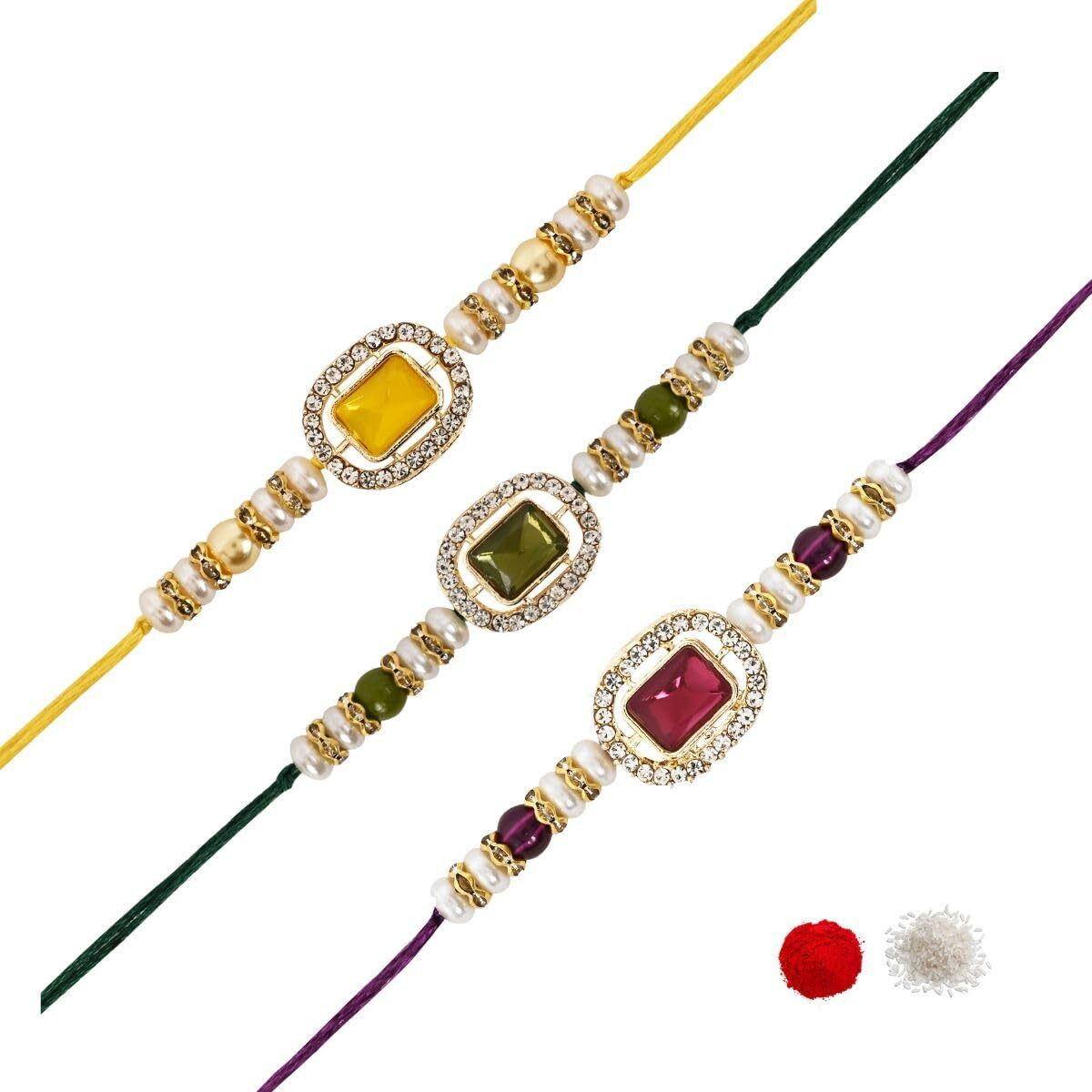 I Jewels Kundan & Pearl Combo Bhaiya Rakhi With Roli Chawal For Brother/Bro/Men With Rakshabandhan Greeting Card (R168Y-Wi-Mh)(Set Of 3)