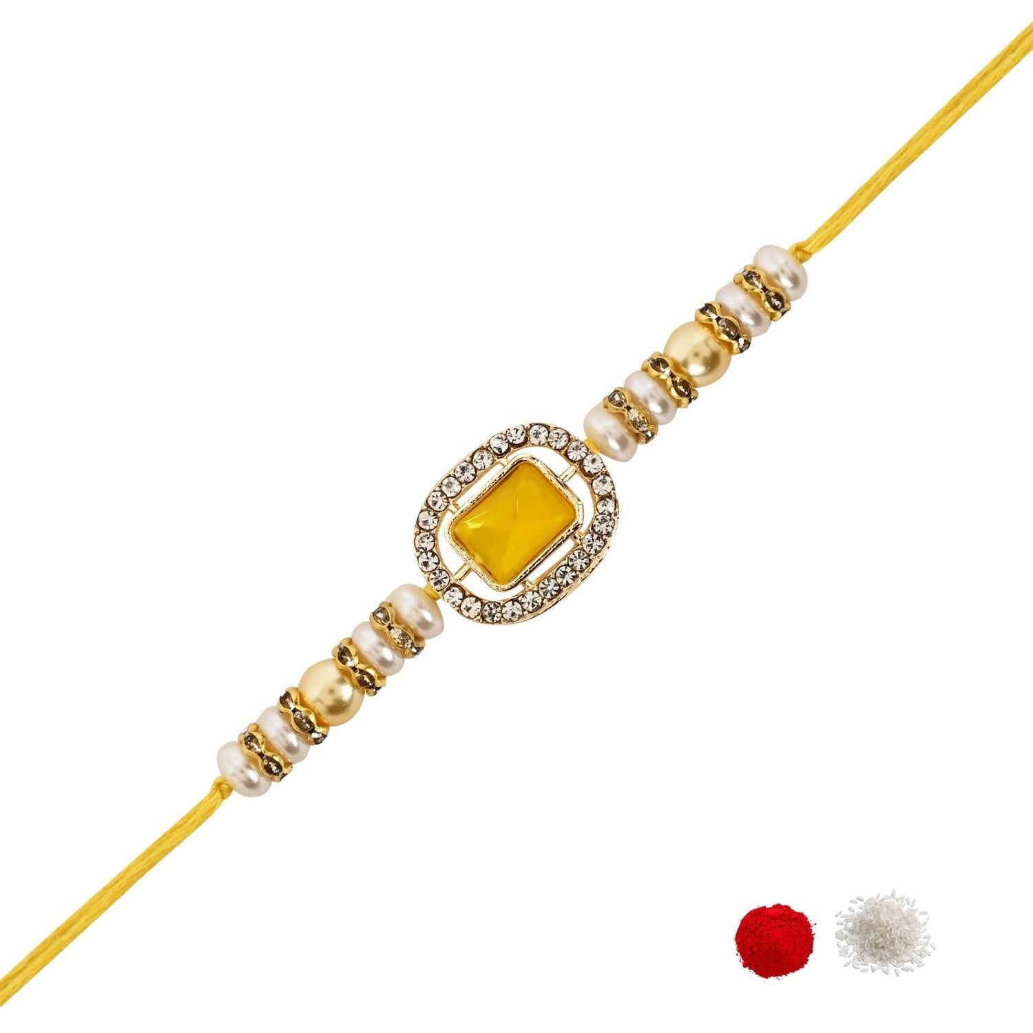 I Jewels Kundan & Pearl Combo Bhaiya Rakhi With Roli Chawal For Brother/Bro/Men With Rakshabandhan Greeting Card (R168Y-Wi-Mh)(Set Of 3)