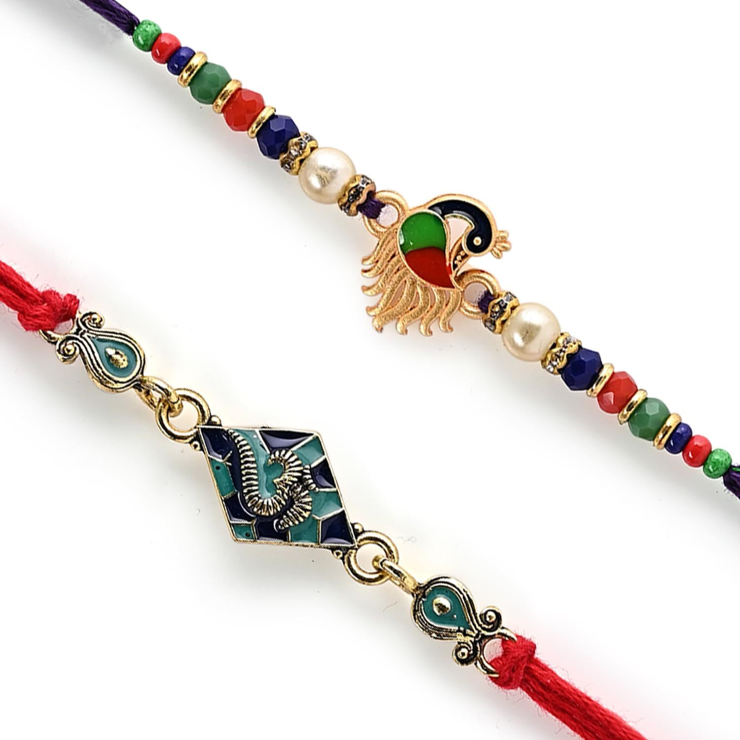 Chottey Lal And Sons Rakshabandhan Om Symbol And Peacock Designer Thread Rakhi With Roli Chawal And Card Combo | Traditional Rakhi For Brothers And Sisters (Set Of 2)